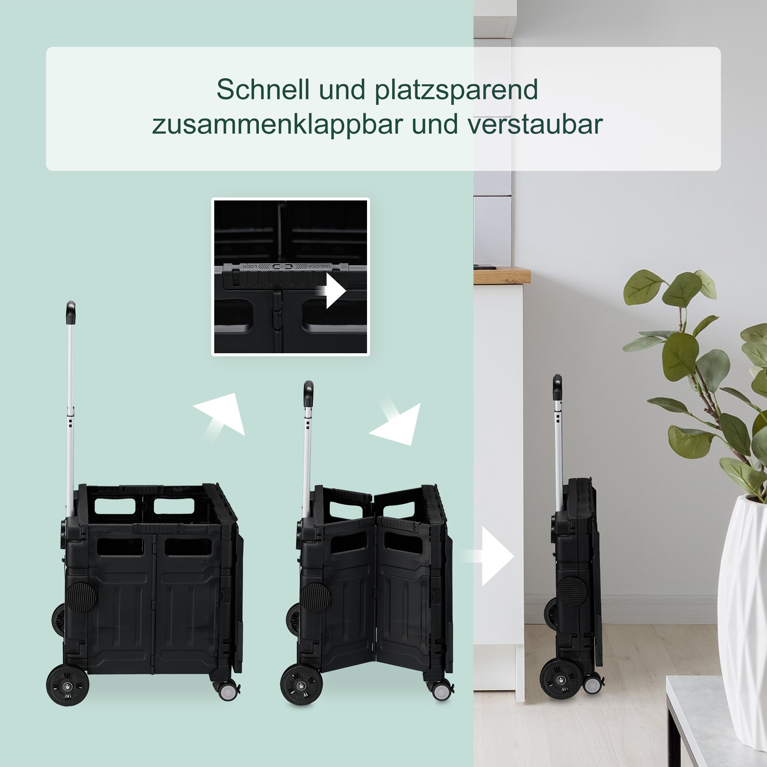 Relaxdays Einkaufstrolley, klappbar, Einkaufskorb mit Rollen, Deckel & neigbarem Teleskopgriff, bis 50 kg, schwarz