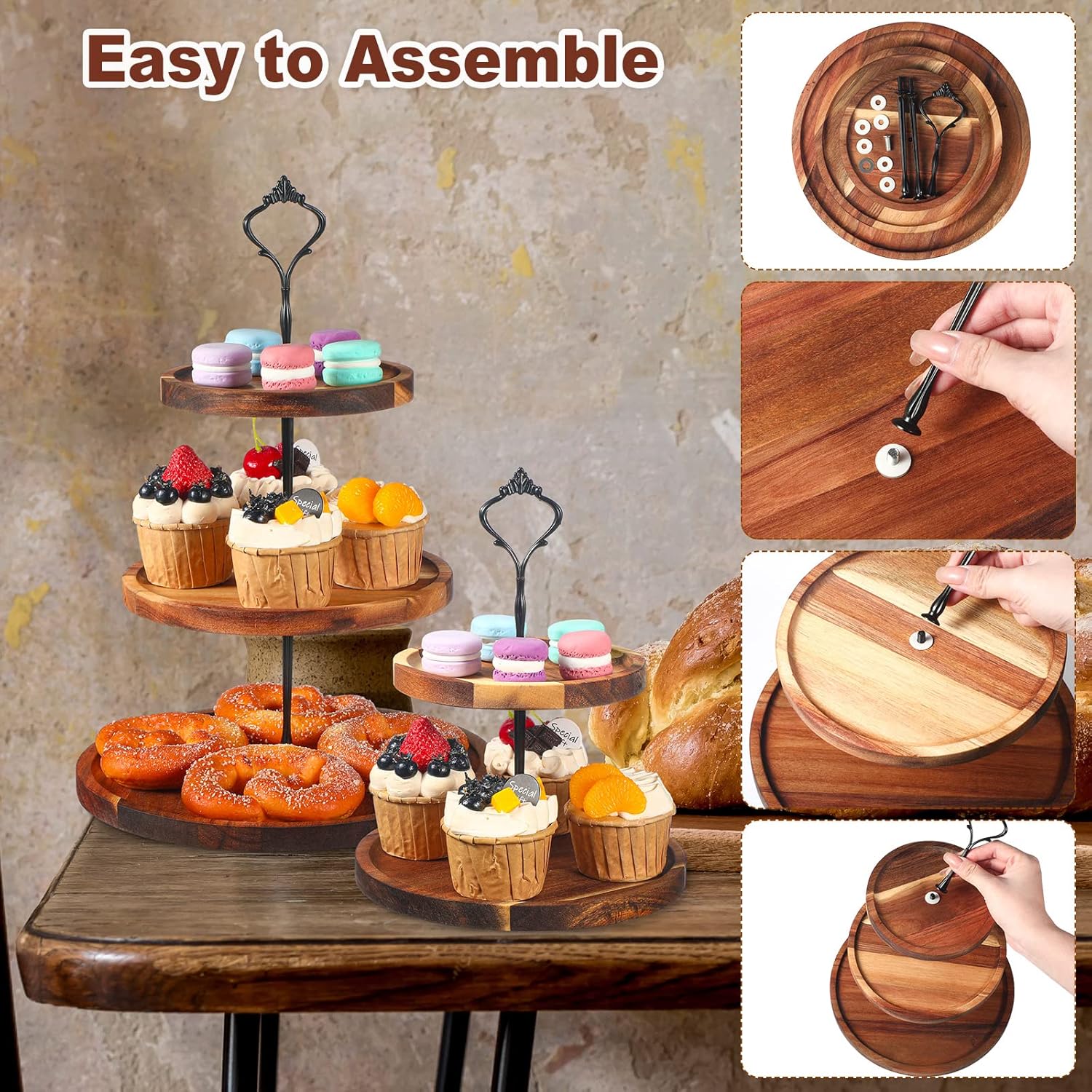 Weysat 4 Piece Wooden Cake Stand Set Wood Dessert Stand, 2 Tier and 3 Tier Rustic Cupcake Stands, Cup Cake Tower, Dessert Display Tray for Baby Shower, Wedding, Birthday Tea Party, Farmhouse Decor - Image 3