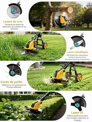 Débroussailleuses Electrique sans FI 21V,Coupe Bordures sans Fil avec 2 * 3.0Ah Batterie et Chargeur,Moteur Brushless 800W,30CM Débroussailleuse à Batterie avec Roue&4 Types Lames pour Jardin Élagage - 6