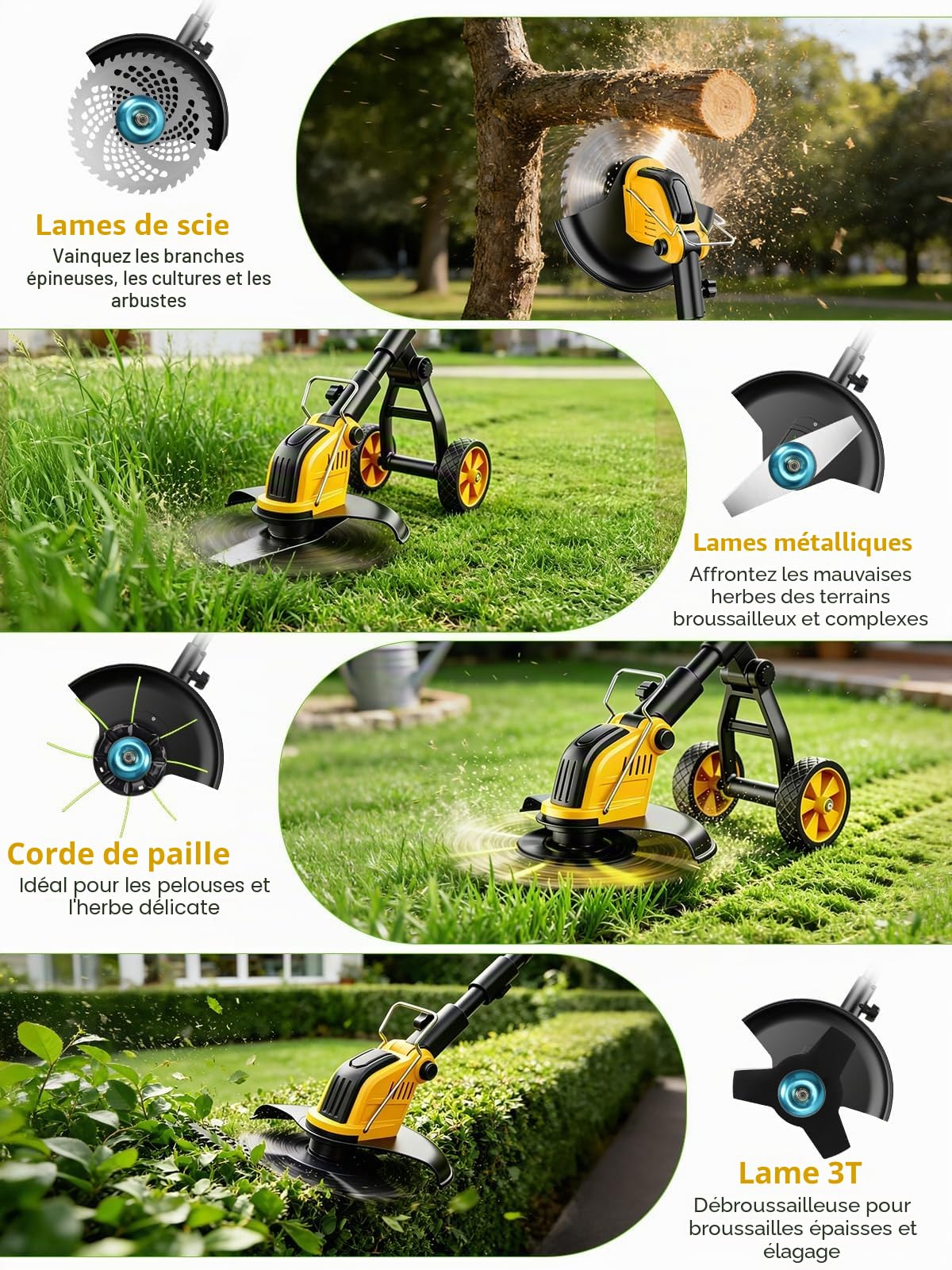 Débroussailleuses Electrique sans FI 21V,Coupe Bordures sans Fil avec 2 * 3.0Ah Batterie et Chargeur,Moteur Brushless 800W,30CM Débroussailleuse à Batterie avec Roue&4 Types Lames pour Jardin Élagage