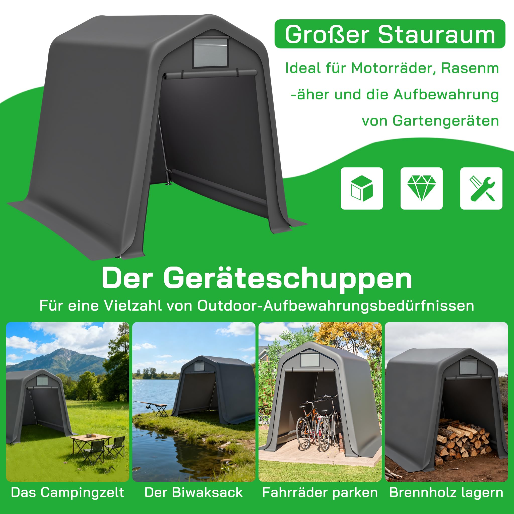 Aufbewahrungsschuppen PE 245x183x217 cm Grau mit Rollos | Wasserdichtes PE-Material, mit Rollos, UV- und windfest, als Gerätehaus oder Fahrradunterstand nutzbar