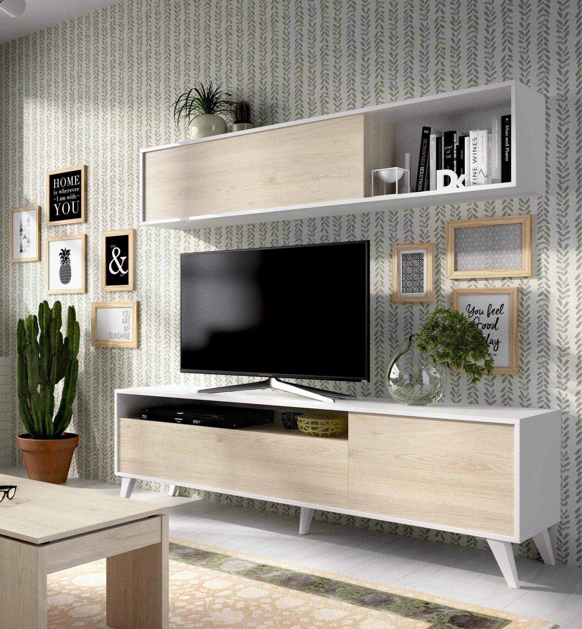 Dmora - Parete attrezzata Tambo, Composizione soggiorno, Mobile salotto multiuso, Armadio porta TV, 180x41 h180 cm, Bianco e Rovere