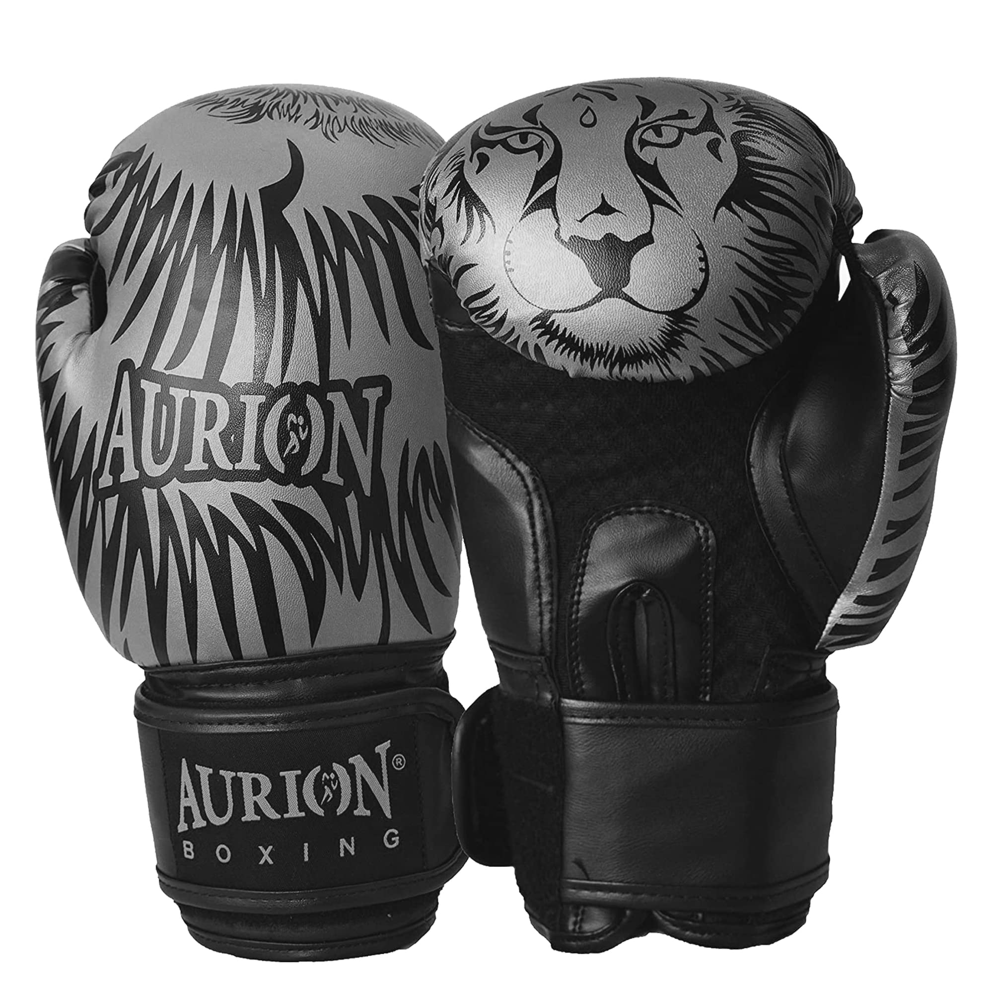 Aurion by 10 Club Longlasting Faux Leather Boxing Gloves - (Silver/Black Lion, 12Oz) for Men and Women | Everlasting Boxing Gloves | Gym Equipment | Punching Gloves | Sports Equipment | Kickboxing