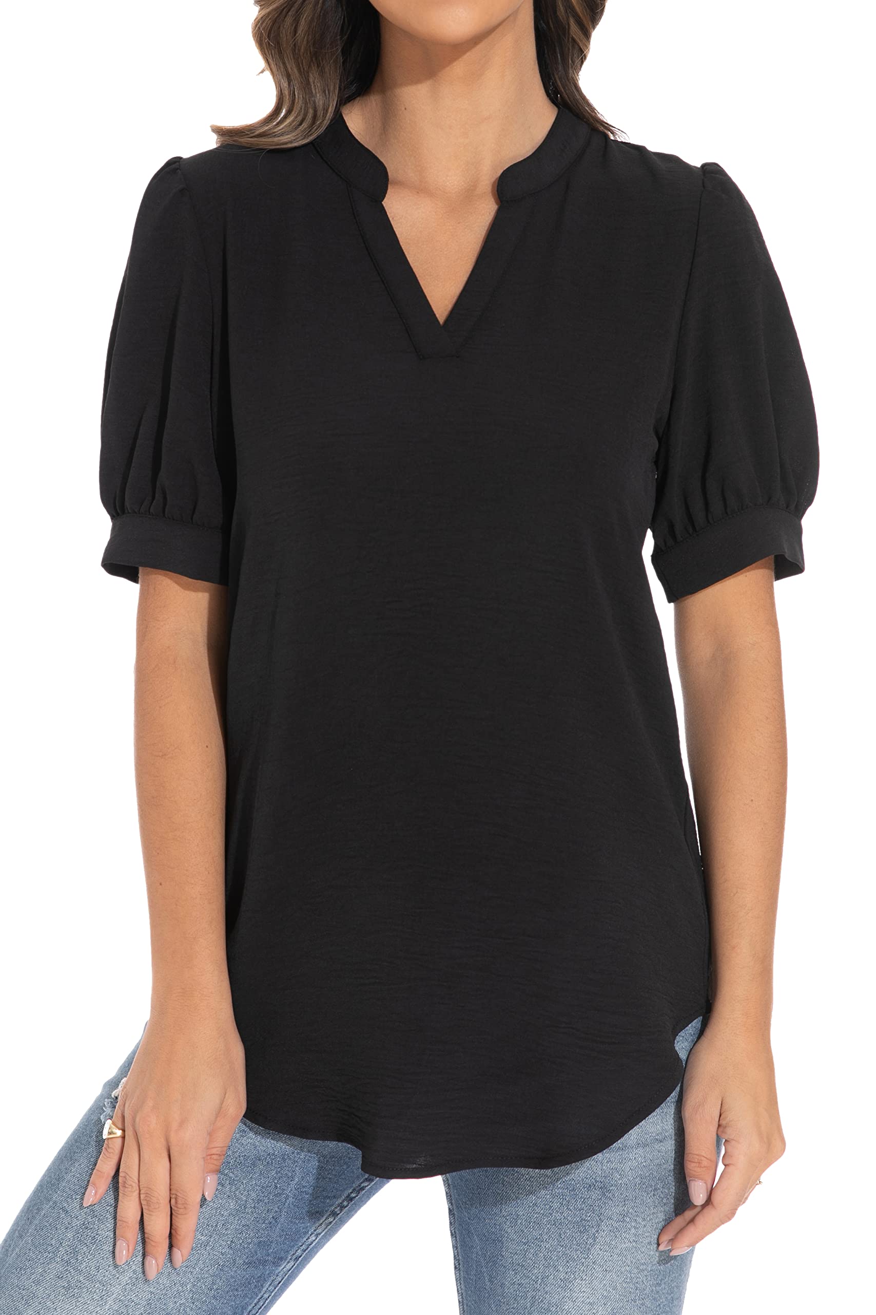 GUANYY Women's Loose V-Neck Puff Sleeve Tunic, Soft and Comfortable Casual Shirt
