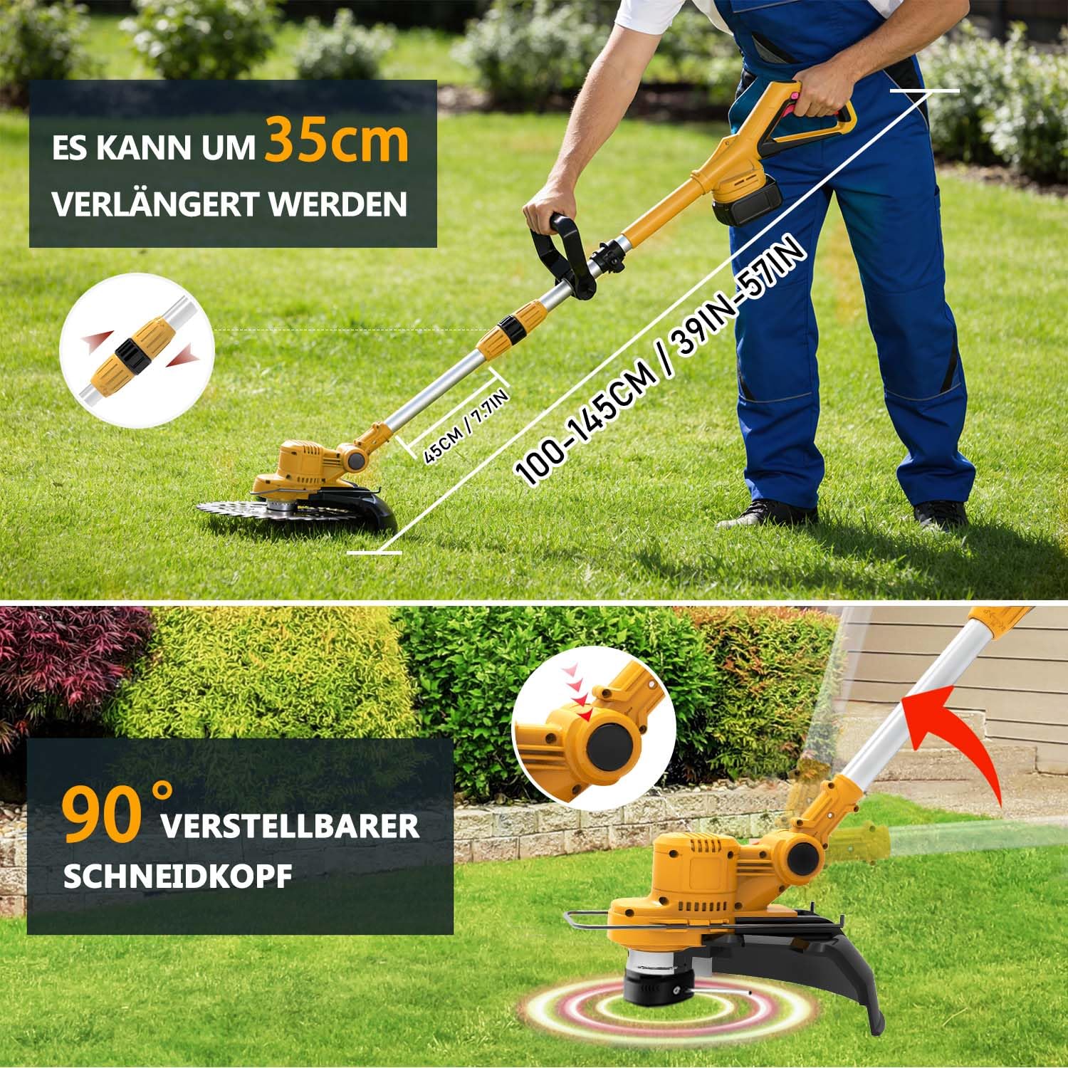 Rasentrimmer mit Akku für Makita-Akkus, 21V - 750W Motor -20000U/min, 4-in-1 Freischneider akku, 90° schwenkbarer Kopf & Teleskopstiel, Mit LCD-Anzeige – für Dickicht und hohes Gras