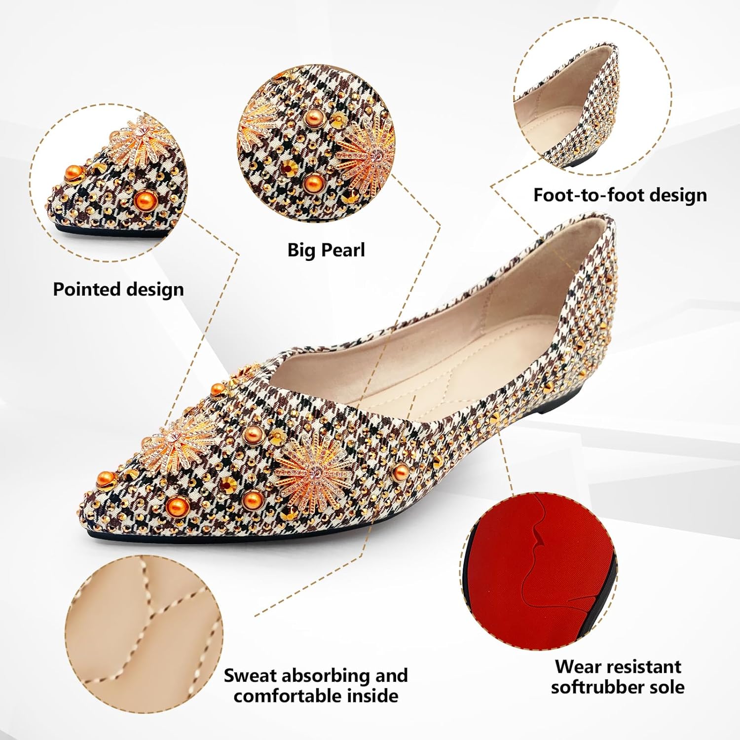 Women's Comfortable Flats Pointed Toe Sparkly Ballet Flats for Wedding Work Dance with Memory Foam Low Heel Dress Shoes - Image 4