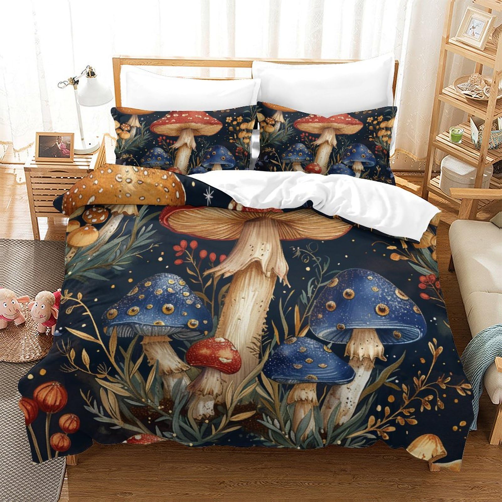 Housse de couette champignons pour lit enfant et ado, parure microfibre douce 260x220cm