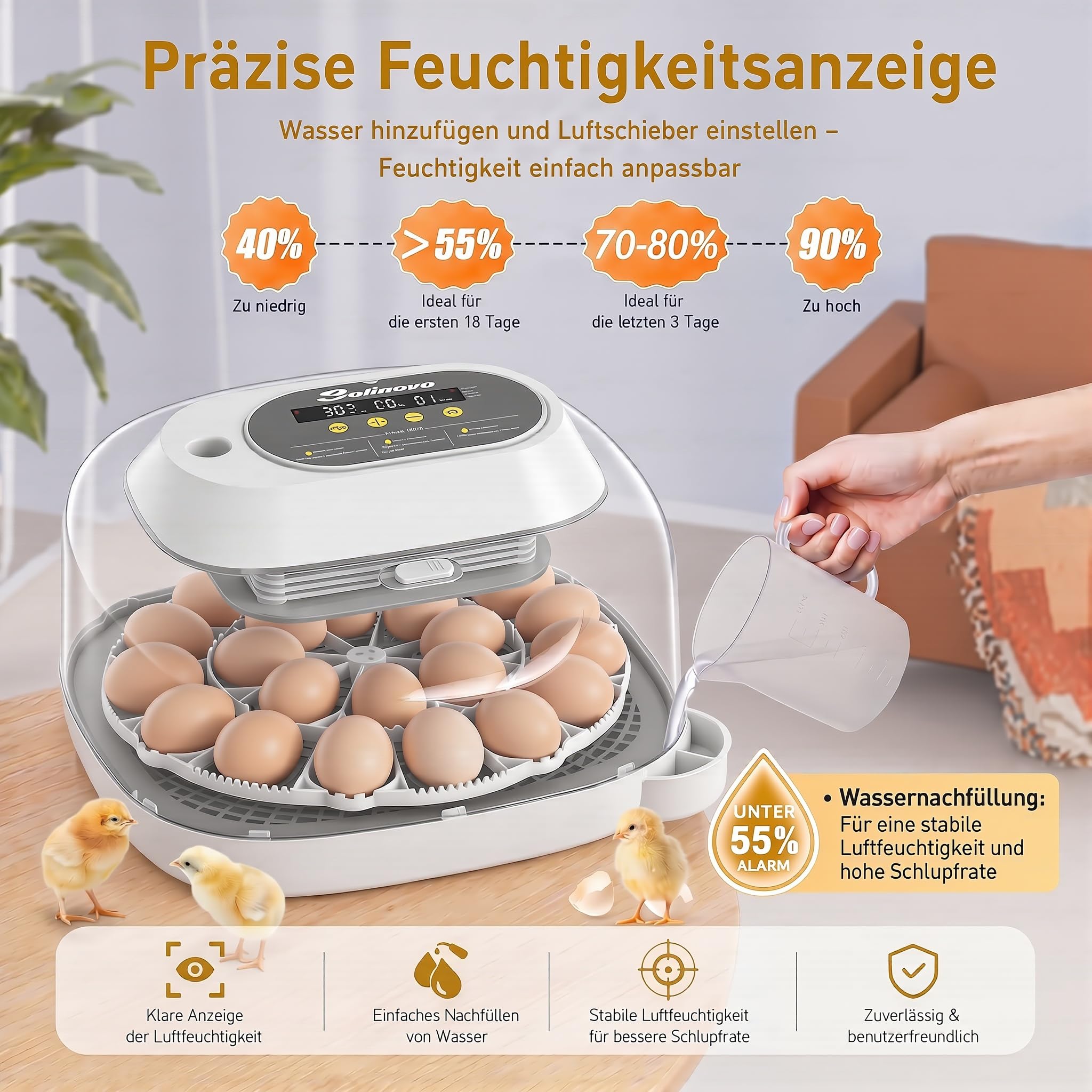 Sailnovo 24-Eier-Inkubator – Vier Modi, Feuchtigkeitsanzeige, automatische Eierwendung und integrierte Schierlampe. Für Hühner-, Enten-, Wachteleier. Ideal für Zuhause, Bauernhof, Unterricht (Grau)