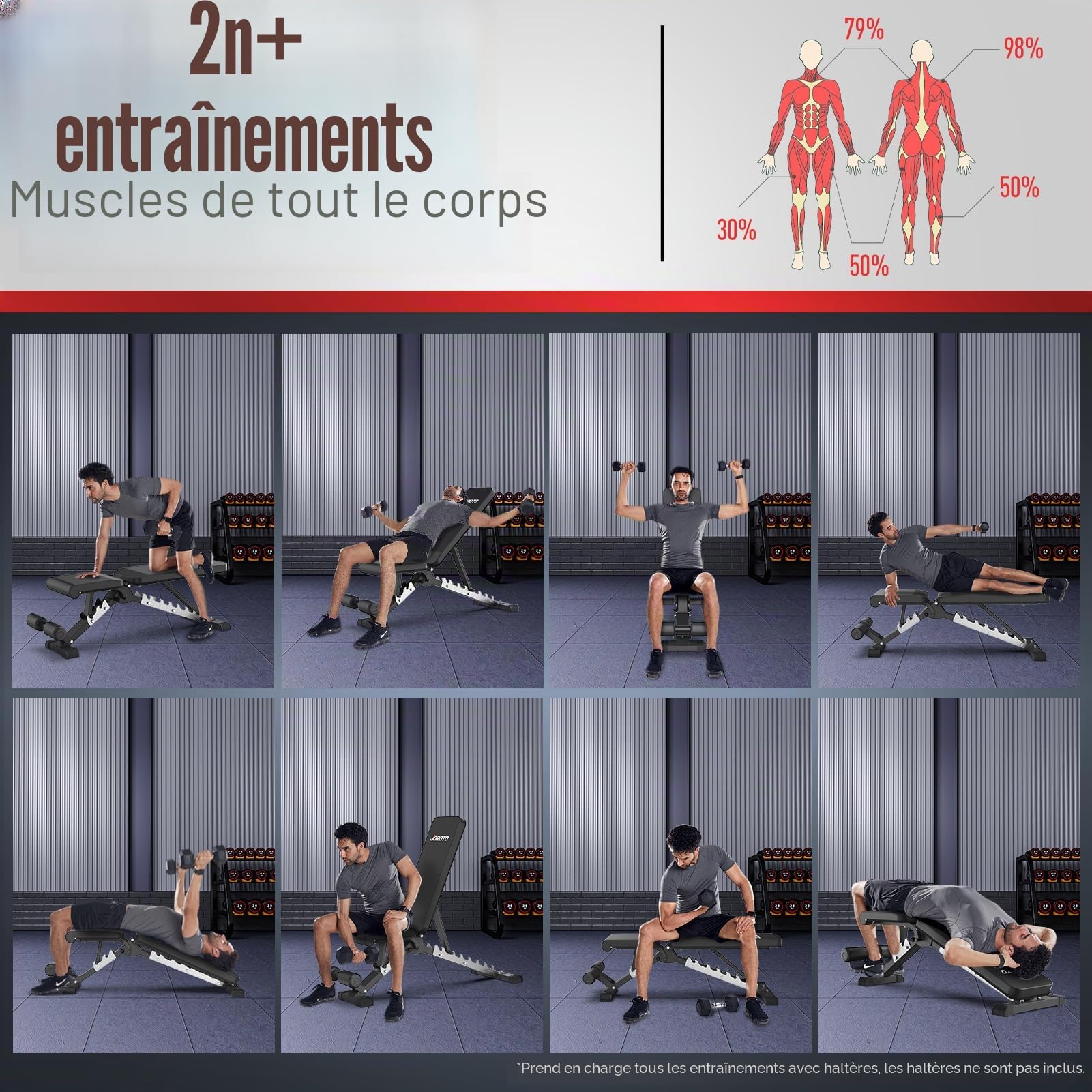 JOROTO Banc de musculation réglable – Charge de 317,5 kg/362,9 kg/453,6 kg – Banc d'entraînement pliable pour entraînement complet du corps