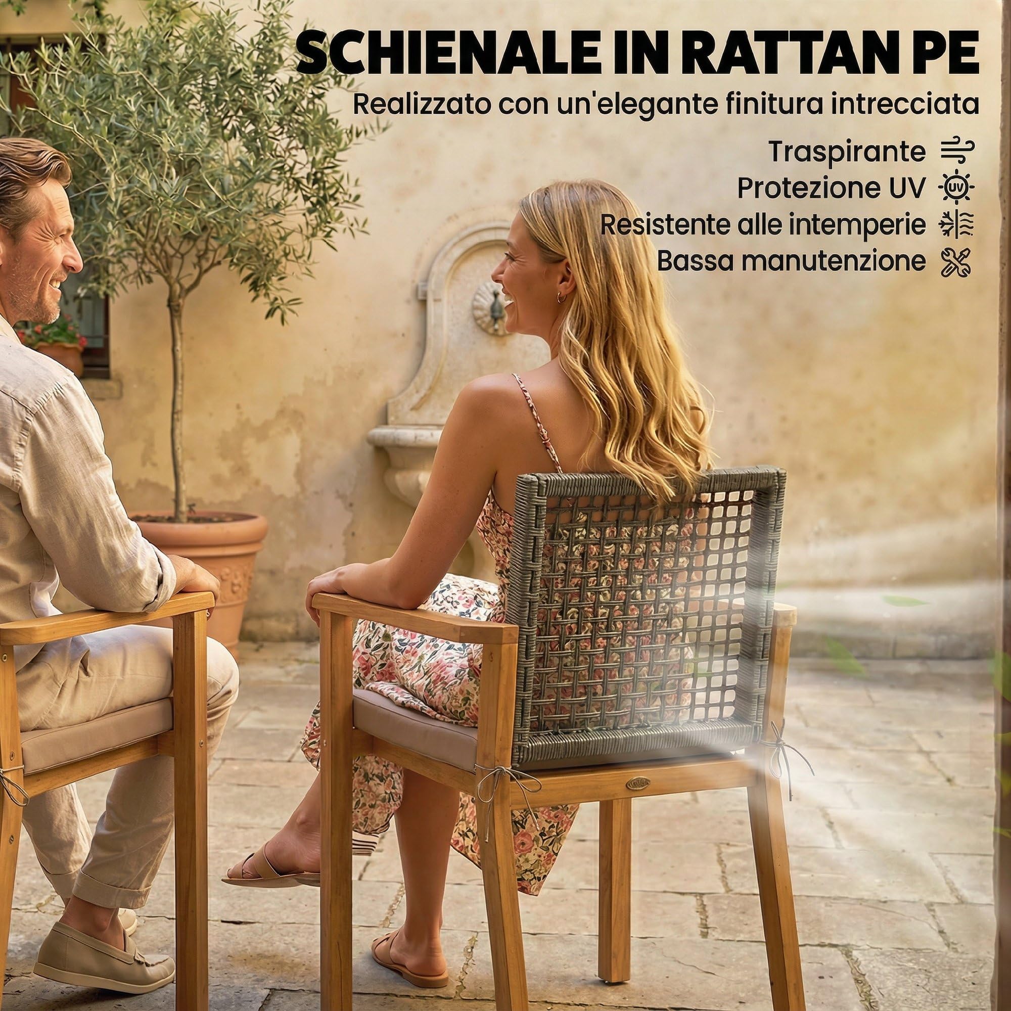 Outsunny Set 2 Sedie da Giardino Impilabili FSC 59x55x86 cm Color Legno | Legno di Acacia, Rattan con Braccioli, Cuscini Seduta e Decorativi, per Giardino Balcone Terrazza