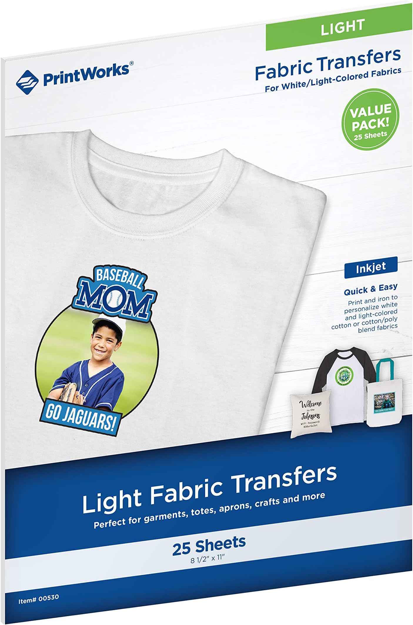 PrintWorksLight Fabric Transfers, for White/Light-Colored Fabrics, Value Pack, 25 Sheets, Inkjet, 8.5 x 11 (00530)