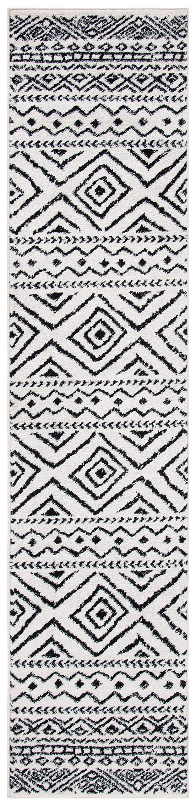 SAFAVIEH Tulum Collection Runner Rug - 2' x 13', Ivory & Black, Moroccan Boho Distressed Design, Non-Shedding & Easy Care, Ideal for High Traffic Areas in Living Room, Bedroom (TUL267D)