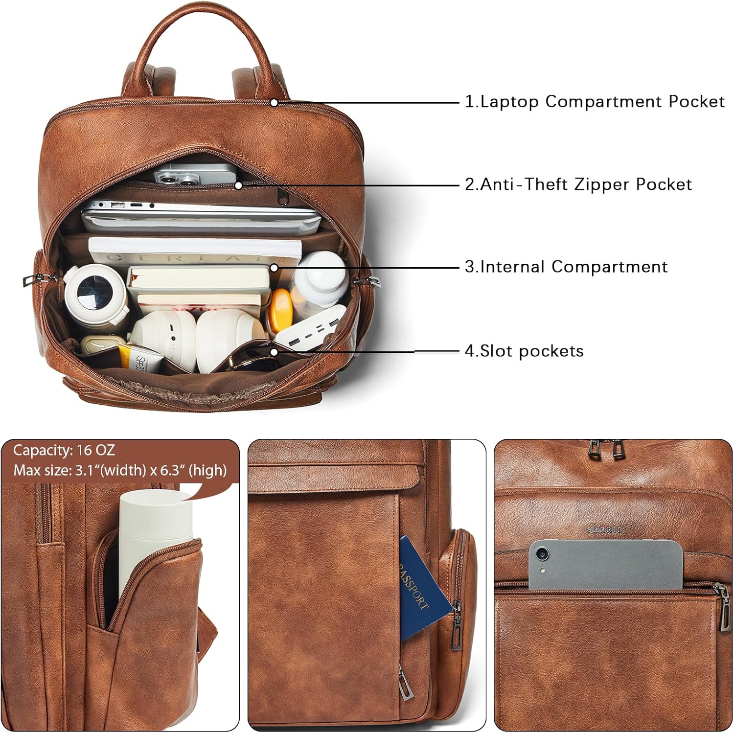 Shrrie Leather Laptop Backpack for Women with 17 inch Vegan Leather Computer Backpack Purse for Travel College Work - Image 4