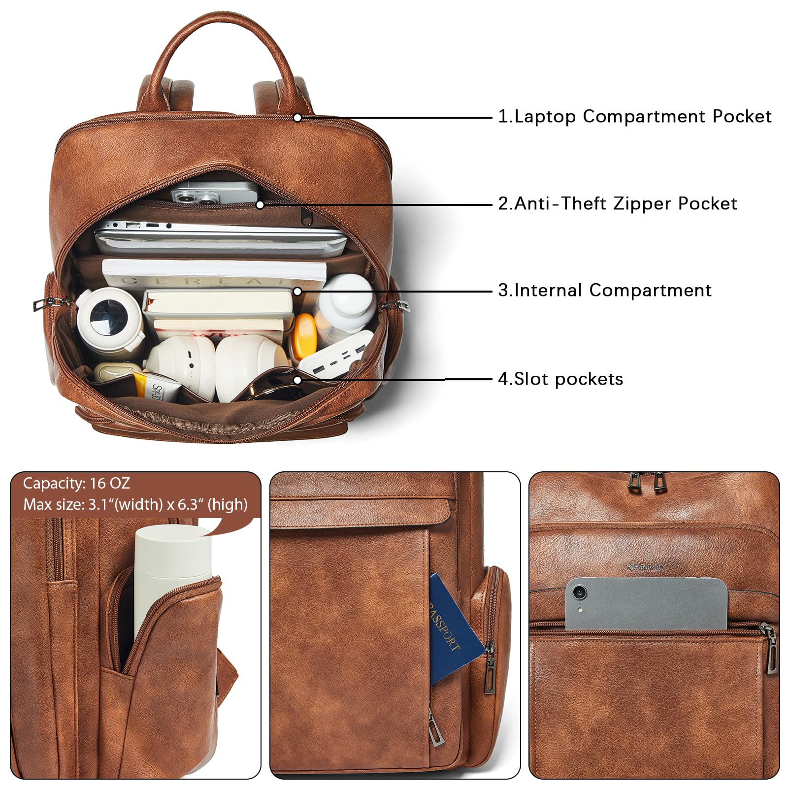 Shrrie cuoio laptop zaino per donne con 17 pollici Vegan cuoio computer zaino tasca per viaggio college lavoro