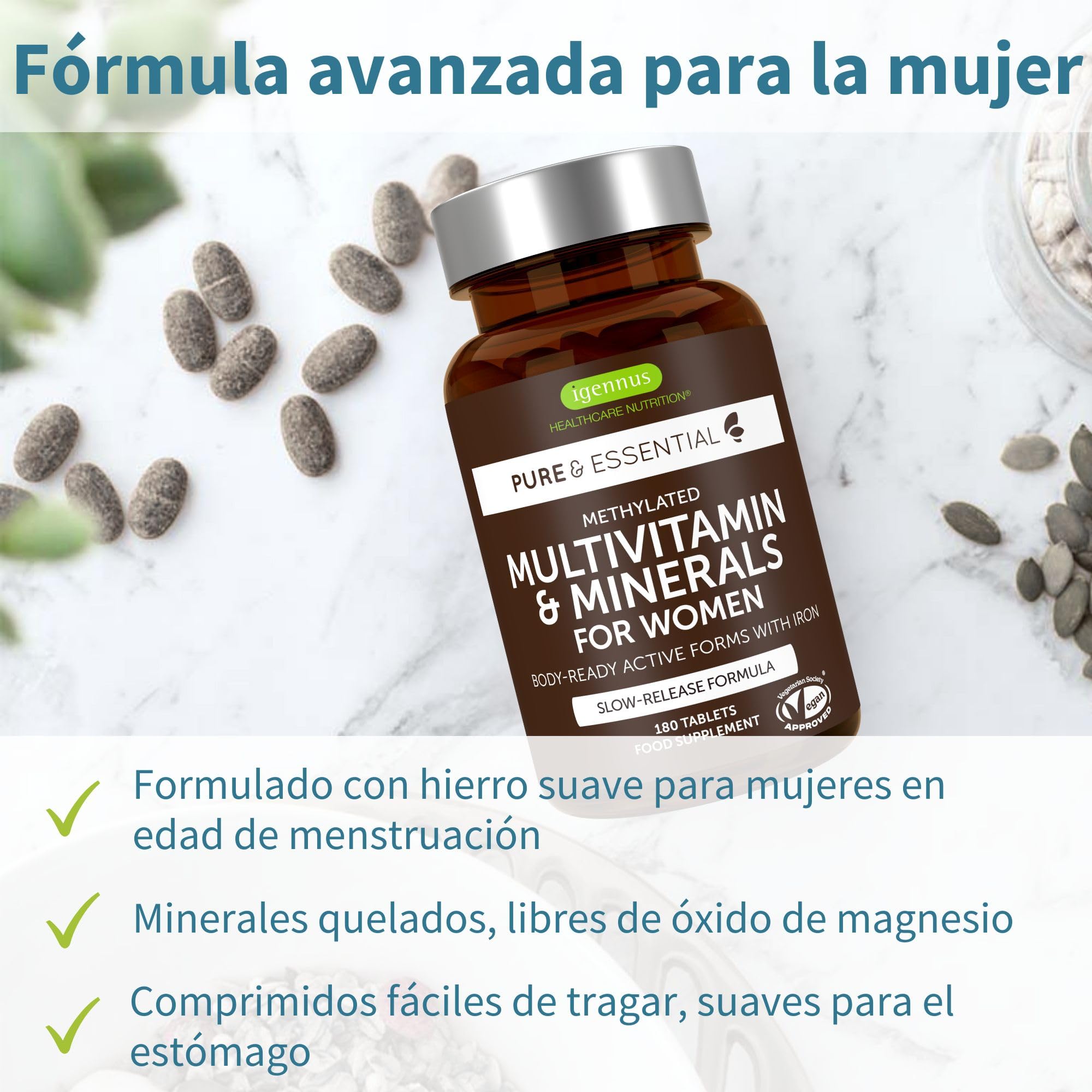 Igennus Multivitamínico Mujer con Hierro, 21 Nutrientes Activos, Puro y Limpio, Aporte de Nutrientes Durante todo el día, Vitaminas B de Alta Potencia, Fácil de Tragar, 180 compimidos Veganos,90 Dosis