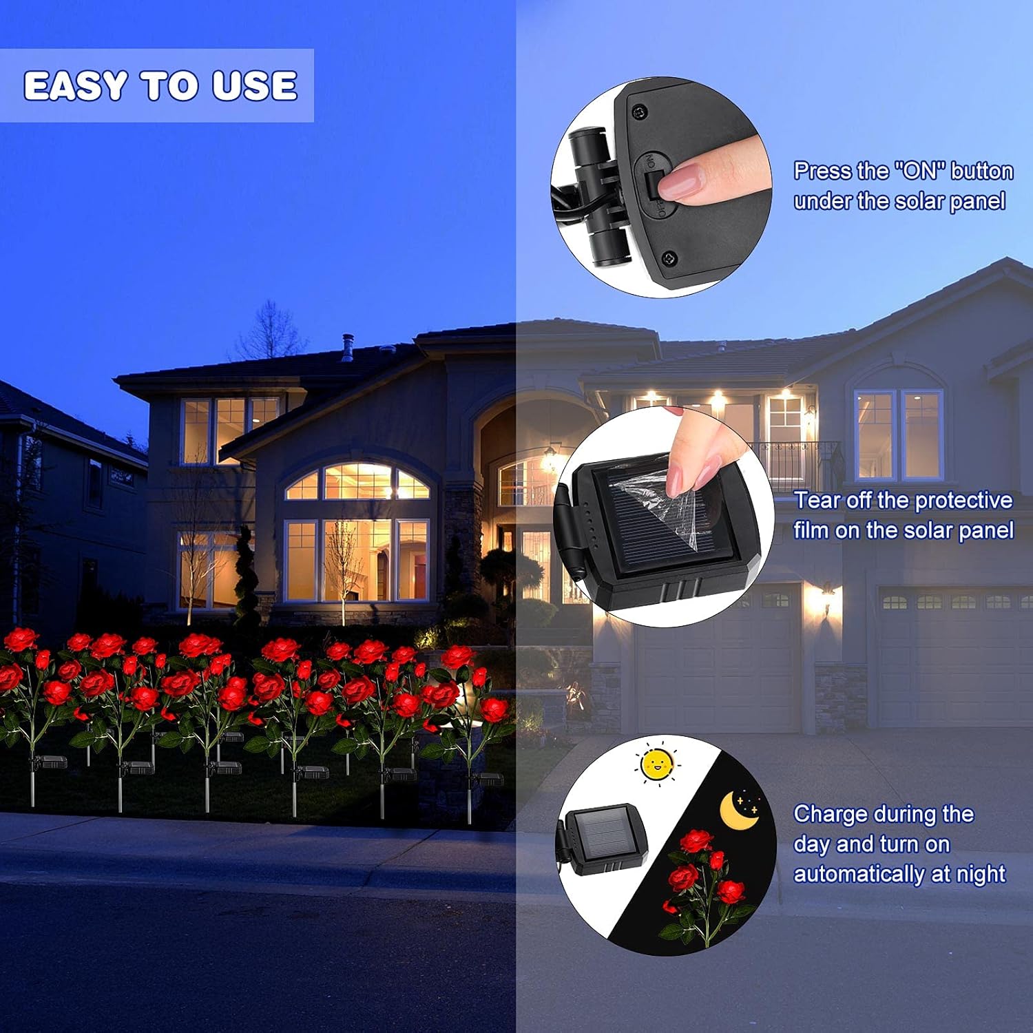 4 Pack Outdoor Solar Flower Lights with 20 Waterproof Realistic Solar Powered Rose Flowers Waterproof Decorative Lights for Garden Outside Patio Yard Lawn Pathway Backyard Decor(Red)