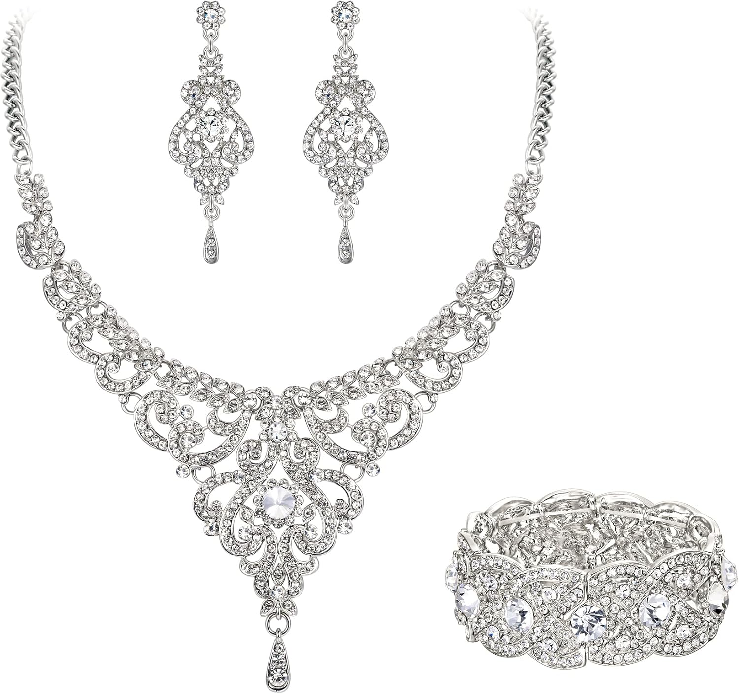 EVER FAITH Wedding Jewelry Sets Crystal Retro 1920s Vase Art Deco Bridal Prom Necklace Earrings Stretch Bracelet Set for Bride