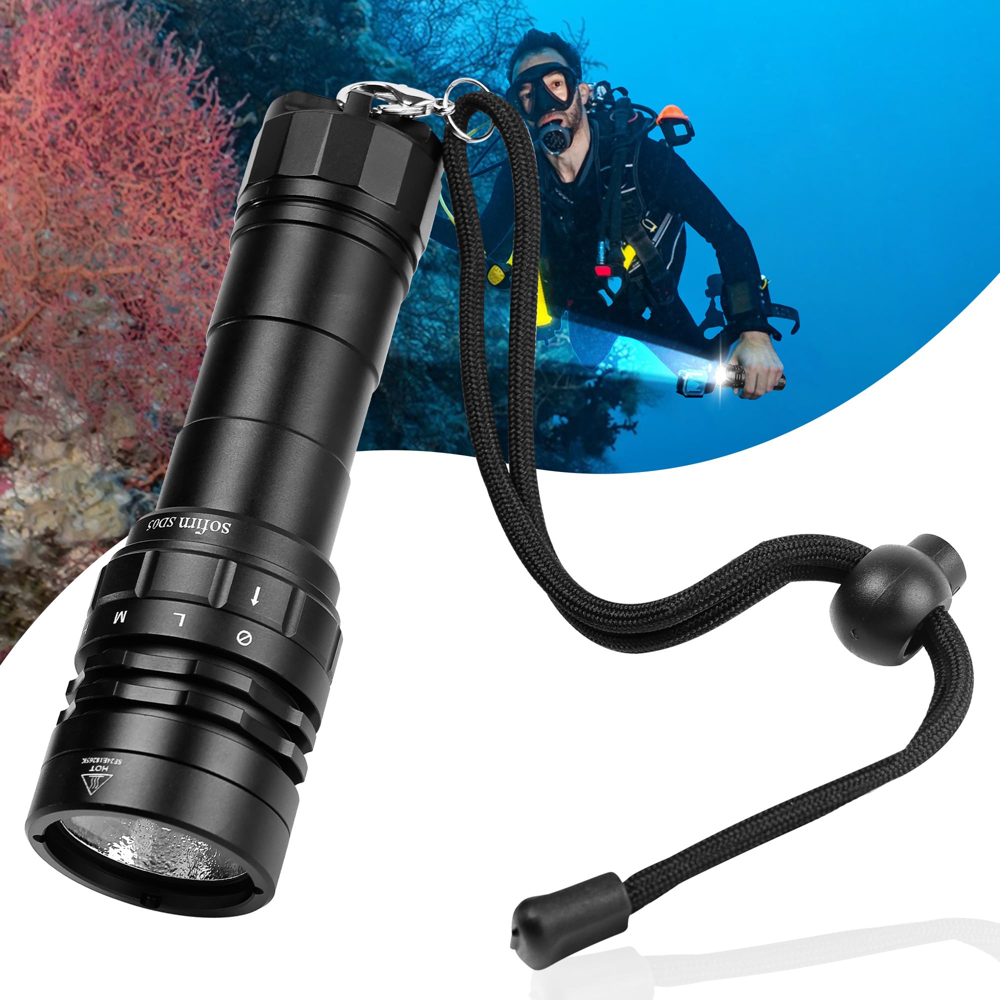Sofirn SD05 - Luz de buceo de 3000 lúmenes, linterna subacuática superbrillante, IPX8 impermeable de 100 m, interruptor de anillo magnético, 4 modos para buceo nocturno, cueva