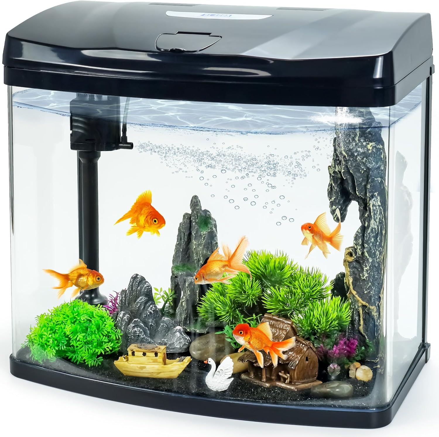 10 Gallon Glass Aquarium Starter Kit with Flip-Top Feeding Port for Betta Fish: Crystal Clear Viewing, Eco-Cycle Filtration, Air Pump, and LED Lighting