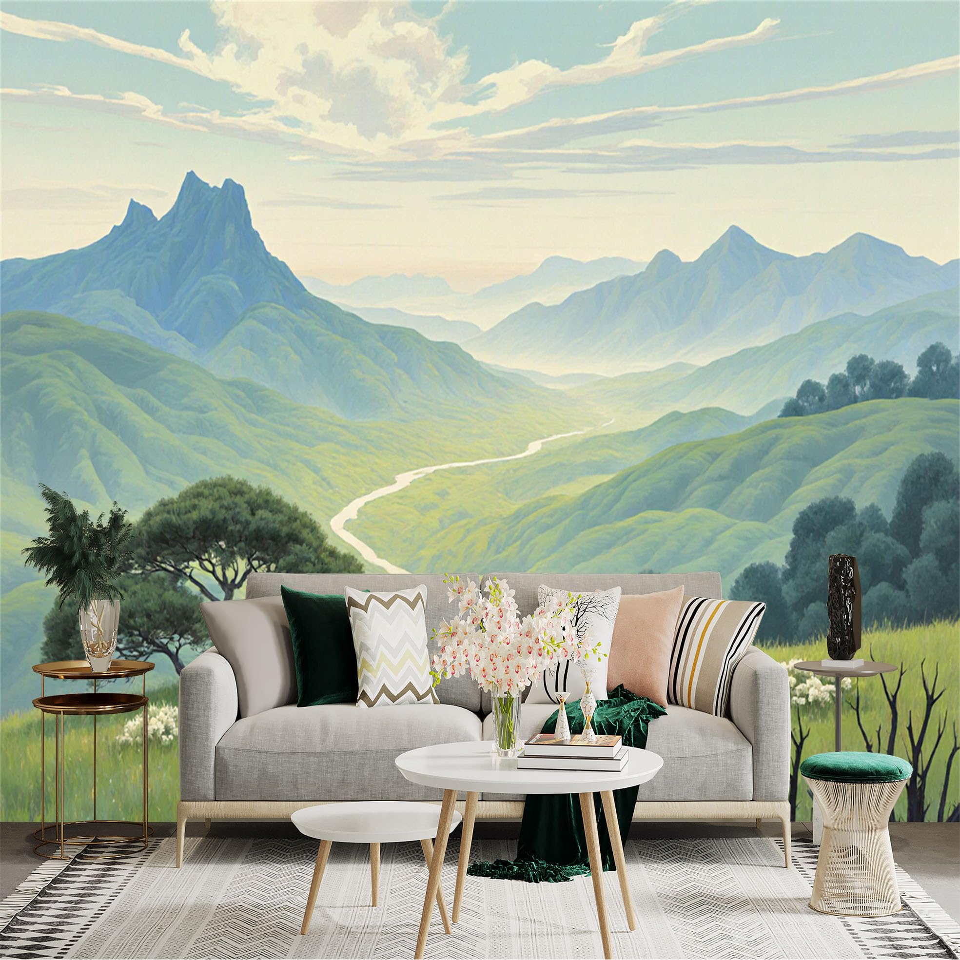 Custom Size Wall Sticker Mural， Green Valley Landscape with River， Distant Mountains and Sky View， for wall Decoration， peelandstick wall Decals.