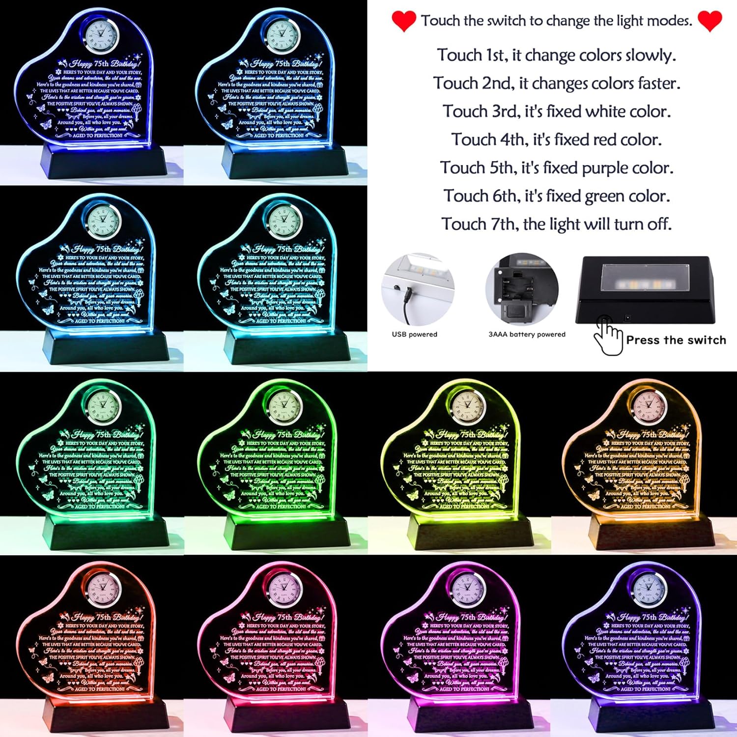 Movdyka Happy 75th Birthday Gifts for Women & Men - Personalized Cool 75 Year Old Female Glass Clock Decor with Night Light, Unique Gift for Mom, Dad, Grandparents, Friends - Image 2