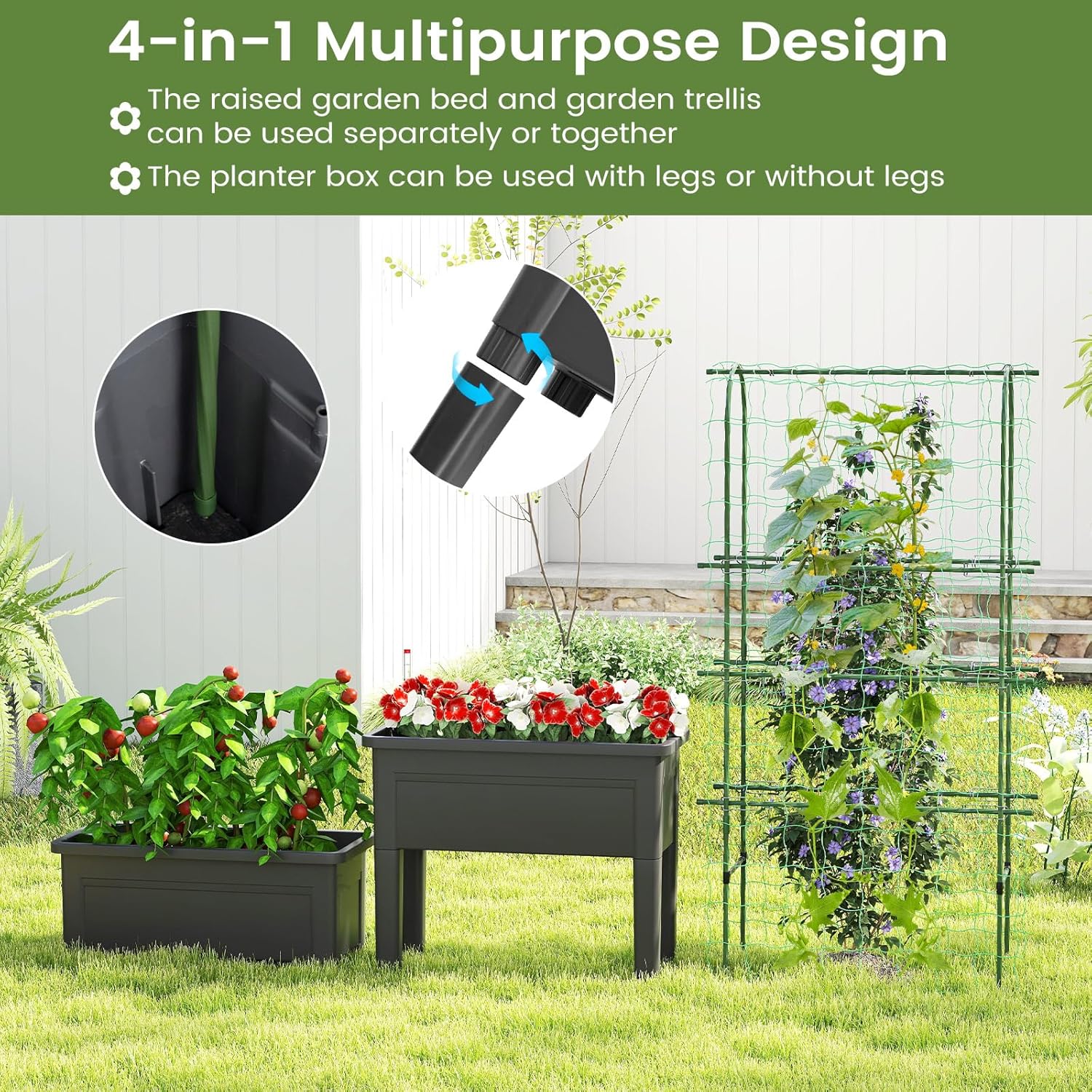 Giantex Raised Garden Bed with Legs & Trellis for Climbing Plants, Self-Watering Planter Box w/Water Level Gauge, for Vine Flower Herb Vegetable (29.5"x13.5"x76")
