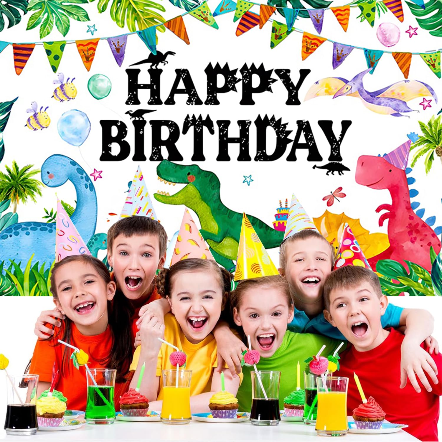 3x2m Telón de Fondo Dinosaurio de Dibujos Animados de Acuarela de la Selva de Dinosaurios Foto Feliz Cumpleaños Fotografía de Fondo Niños Niñas Dino Tema Cumpleaños Decoraciones