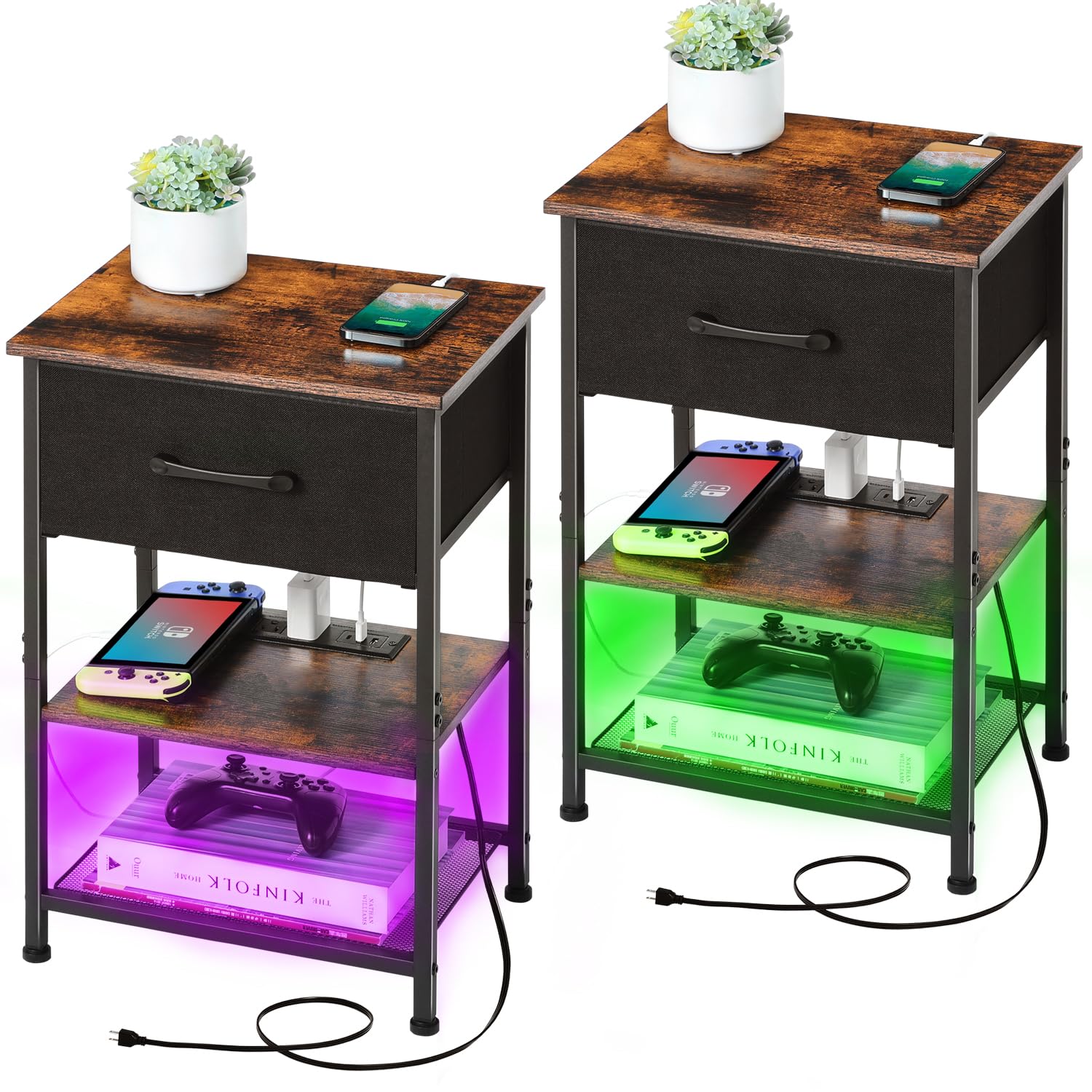 Nightstands Set of 2 with Charging Station and Drawer, End Table Side Table with 20 Colors LED Light Strip and 2 Layers Shelf for Bedroom Living Room
