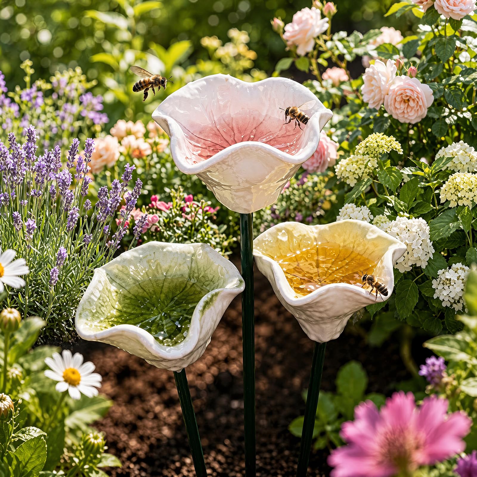 Handmade Ceramic Mini Pollinator Watering Station, Colorful Flower Bee Water Feeder & Butterfly Bird Bath, Weather-Resistant Small Outdoor Garden Stakes Yard Art Decor for Patio Lawn Balcony โ image 1