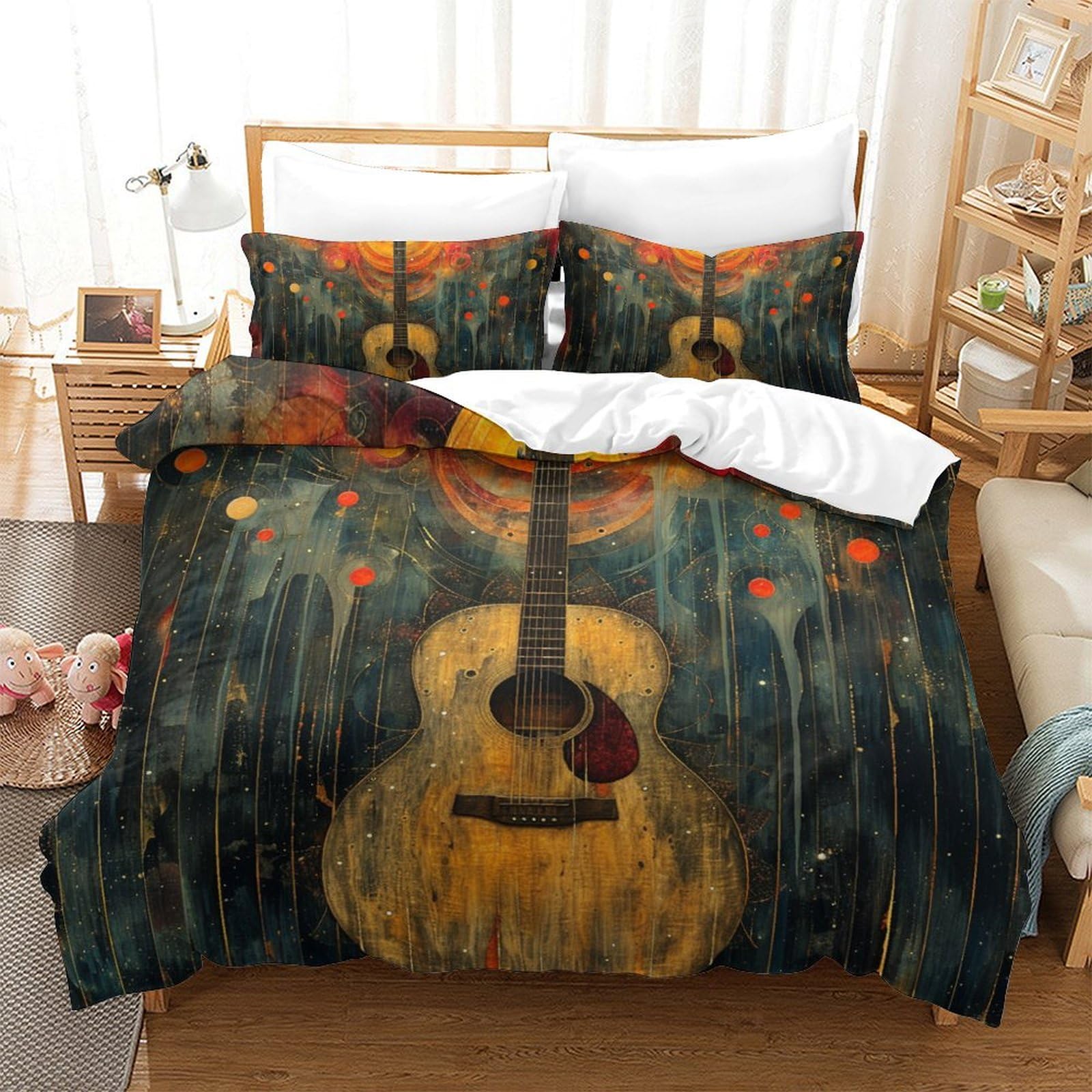 Housse de couette guitare 3D microfbre lit king 220x240 cm avec 2 taies d'oreiller pour ado