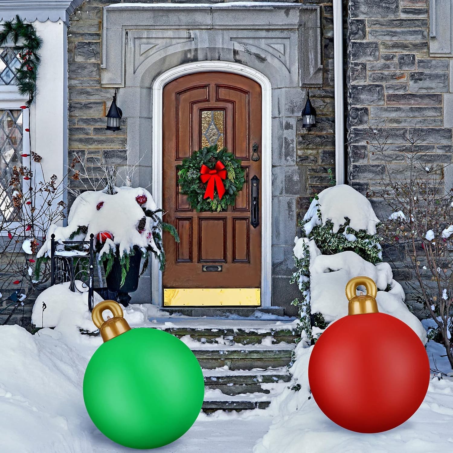 KAHEIGN 2 Piezas Bolas Inflables Gigantes de Navidad, 60CM Roja Verde Bola Decorativa Inflable Adorno Navideño de PVC para Navidad Interior Exterior Hogar Jardín Césped Patio Porche Decoración