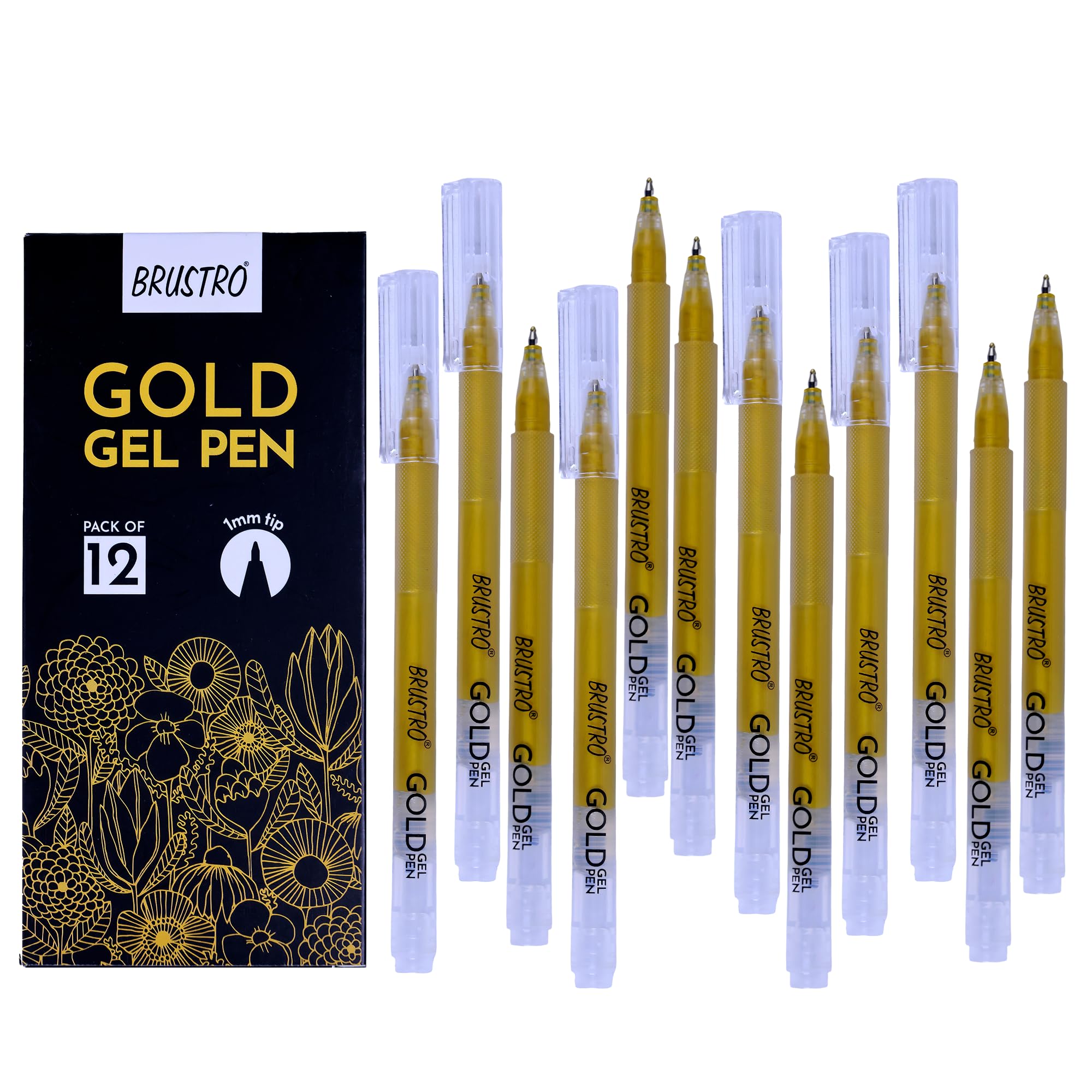 BRUSTRO Gold Gel Pen|Pack of 12-1mm Metal Tip,Opaque and Viscous Ink|Ideal For Drawing,Writing,Highlighting,Doodling,Scrapbooking,Mandala Art,Illustration,Fine Art Students and Professionals