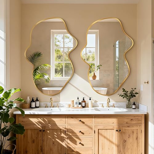 Miniatura 8 de Espejo de pared irregular, espejo abstracto ondulado dorado para baño sobre el fregadero, espejo de pared decorativo en forma de nube, elegante