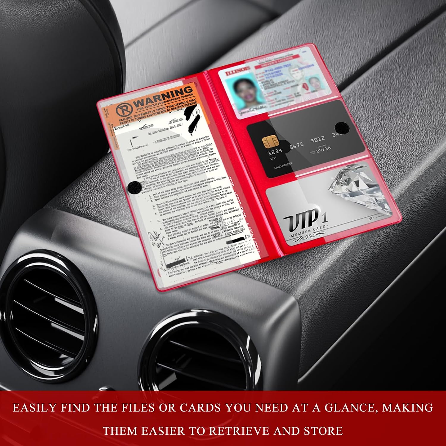 Car Registration and Insurance Holder, 9.56"×5.19" Glove Box Organizer Vehicle Document Holder, Waterproof Essential Driving License Wallet Case for Sedan Truck SUV (Large Car, Red) image 4