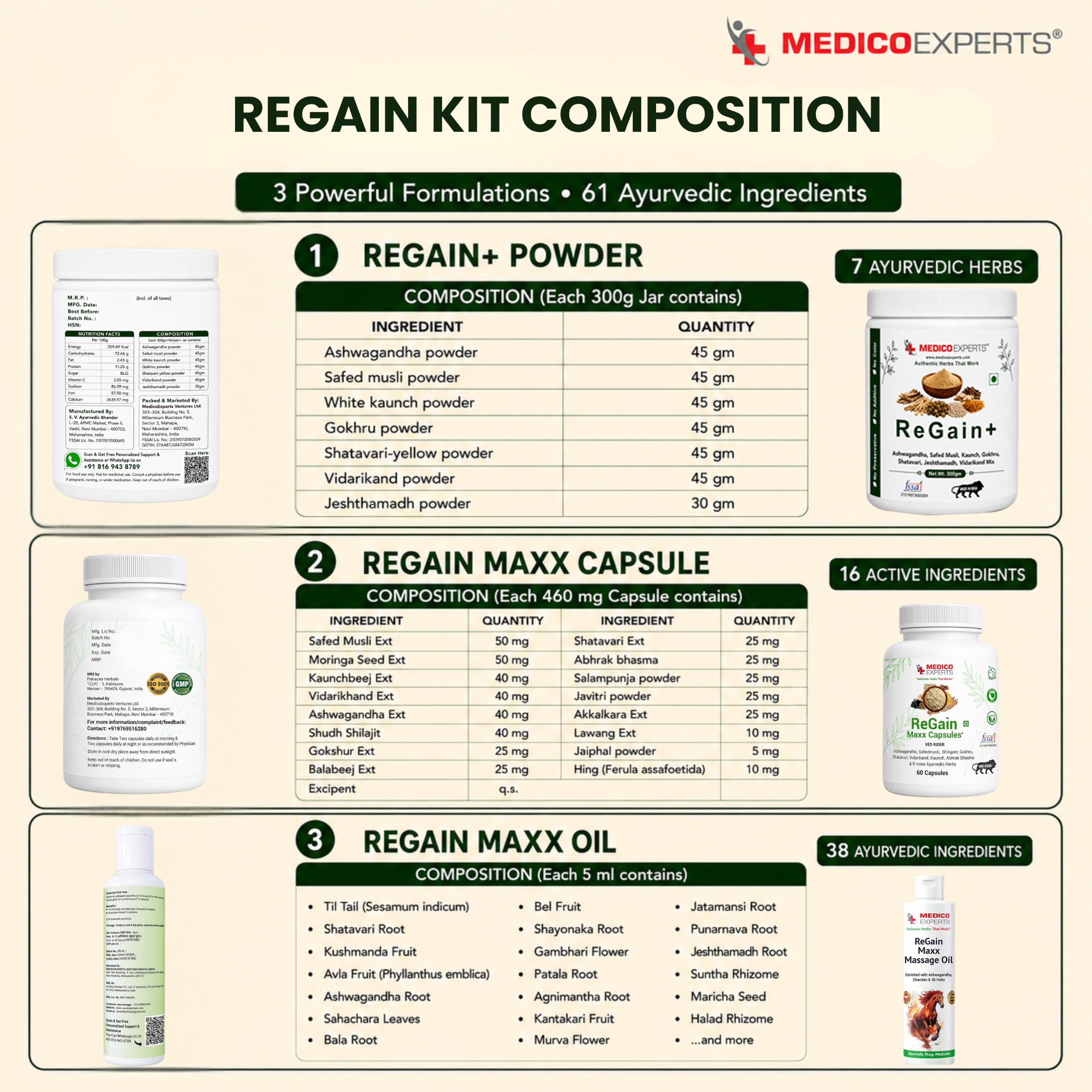 MedicoExperts ReGain Ayurvedic Wellness Kit - Shilajit, Ashwagandha, Safed Musli | 35 Herbal Ingredients | 60 Capsules + Herbal Oil 50ml + Powder 300gm | FSSAI Approved | 1 Month Supply 4