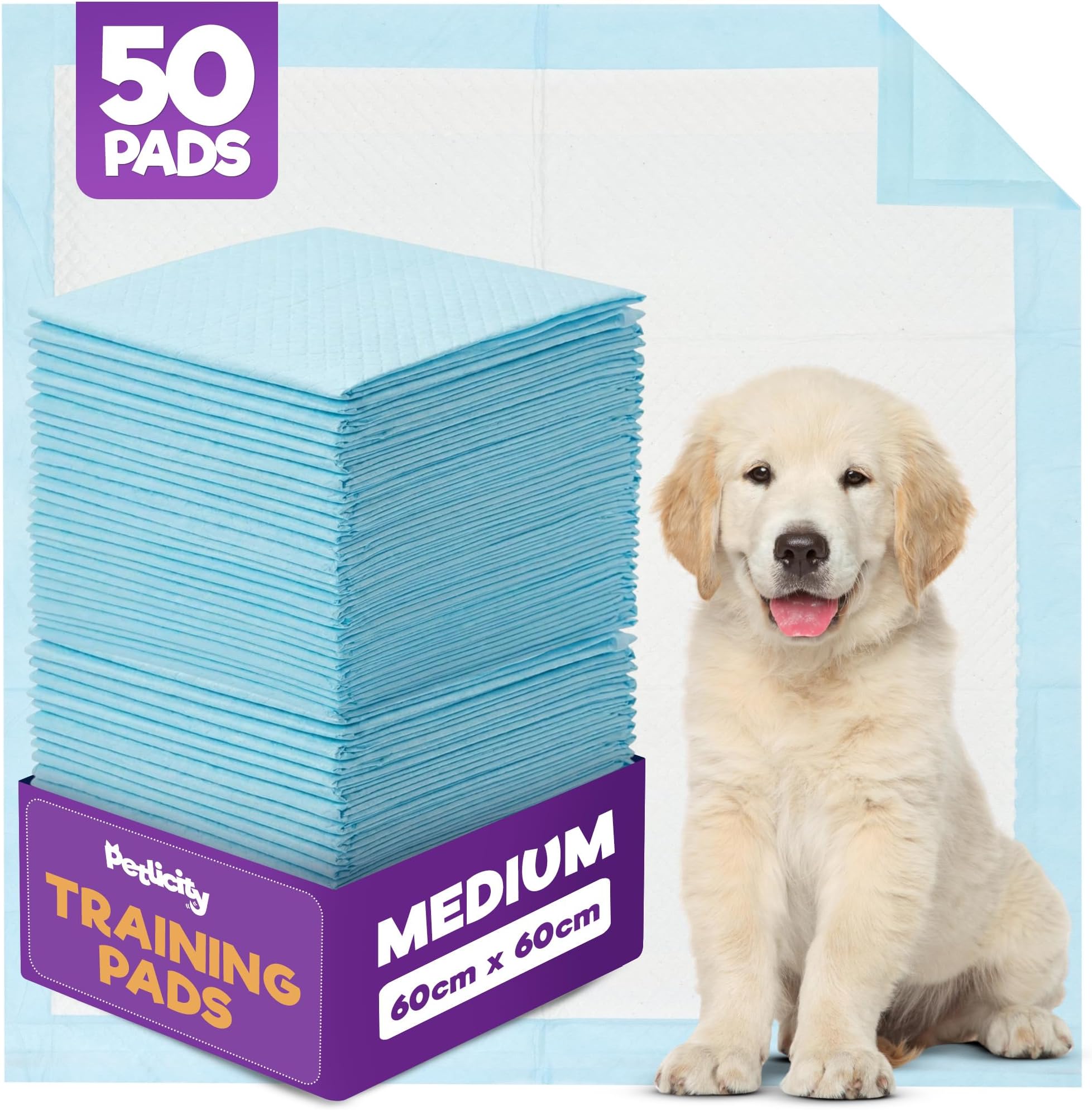 Petlicity 50 Pack Medium Puppy Pads - Disposable Puppy Training Pads, Highly Absorbent Leak-Proof Dog Training Pads, Premium Quality Quick-Dry Dog Pads Pee Pads Dogs Mat (60x60cm)
