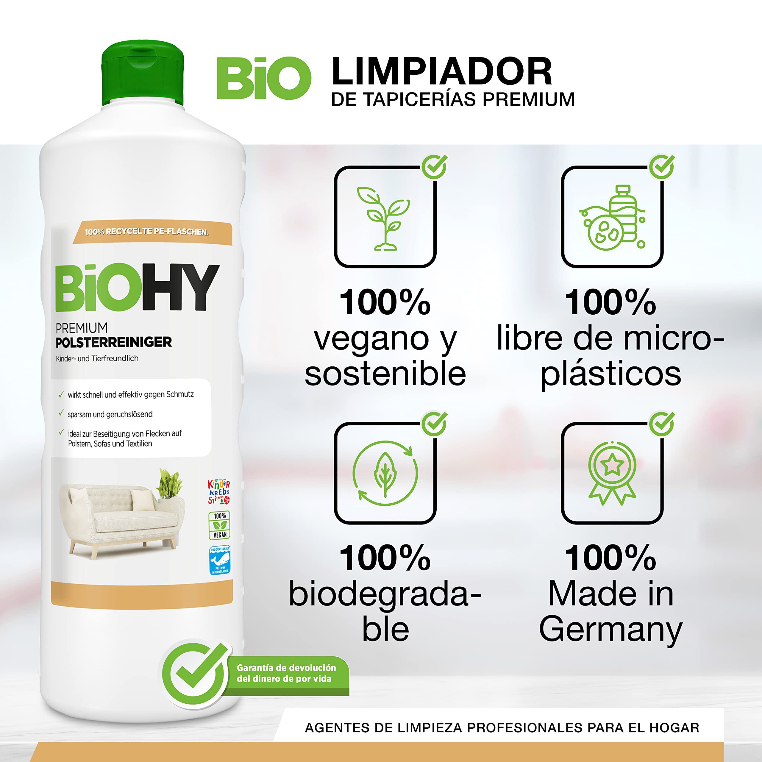 BiOHY Limpiador de Tapicerías Premium (6 botellas de 1 litro) + Dosificador | Concentrado para muebles tapizados, sofás, alfombras y textiles | quitamanchas que disuelven el olor (Premium Polster)