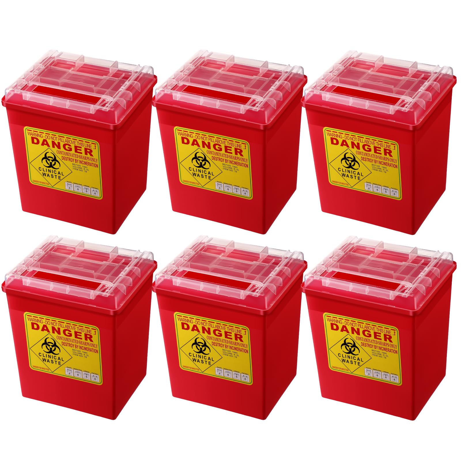 Lothee 6 Pack 2 Gallon Sharp Containers for Needles Disposal Containers Sharps Biohazard Needle and Syringe Disposal, Medical Grade, Red