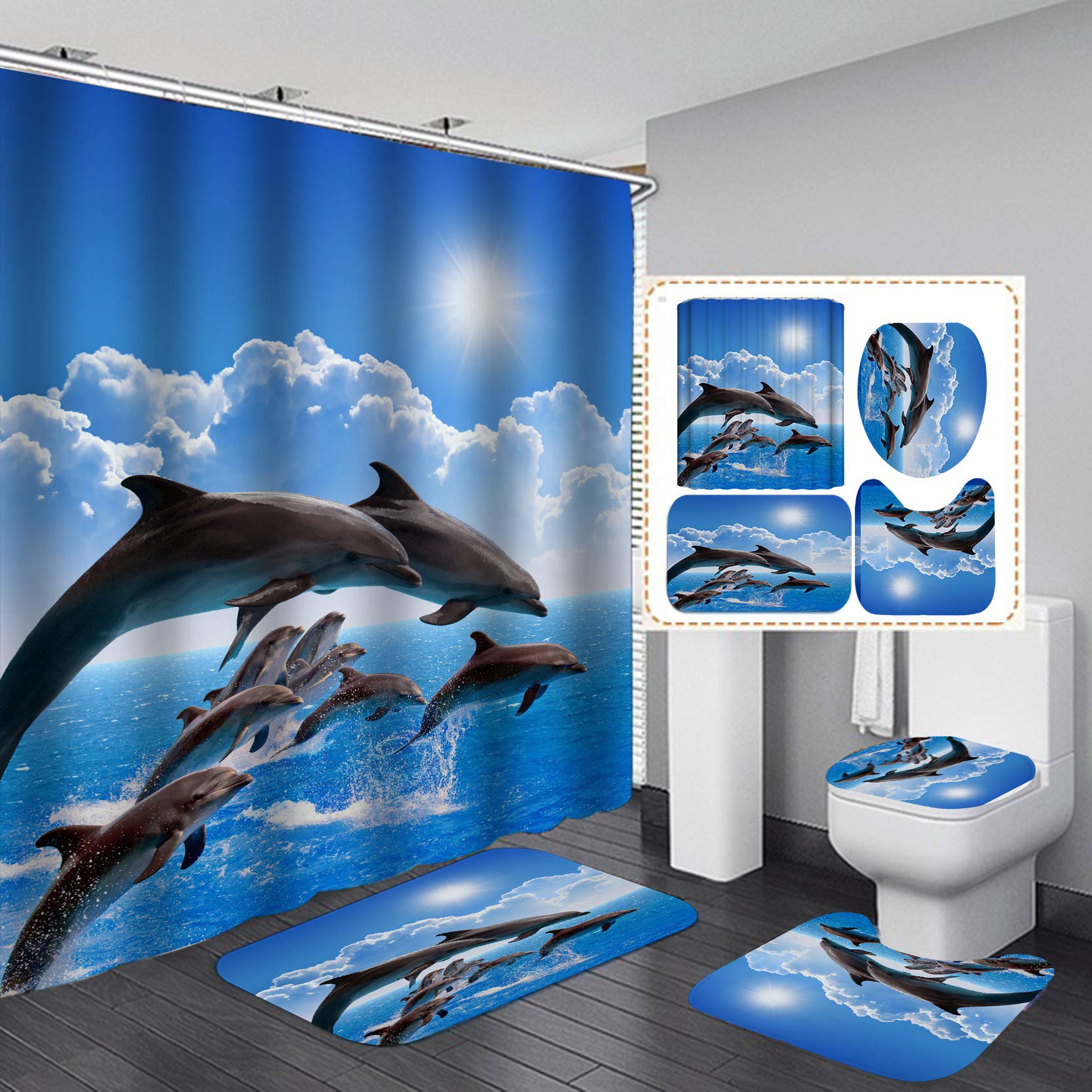 Fashion_Man 4PCS Underwater World Dolphin Shower Curtain Set Polyester Waterproof Bathroom Shower Curtains + Toilet Mat Set Bath Rugs Toilet Lid Cover