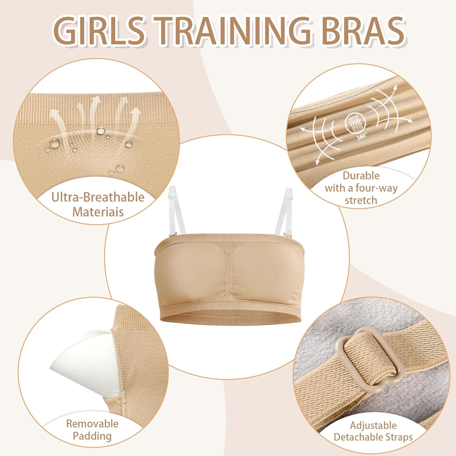 MOLLDAN Girls Seamless Bandeau Bra for Teens Sports Tops Adjustable Strapless Training Bra 7-16 Years,Within Chest Pads - Image 4