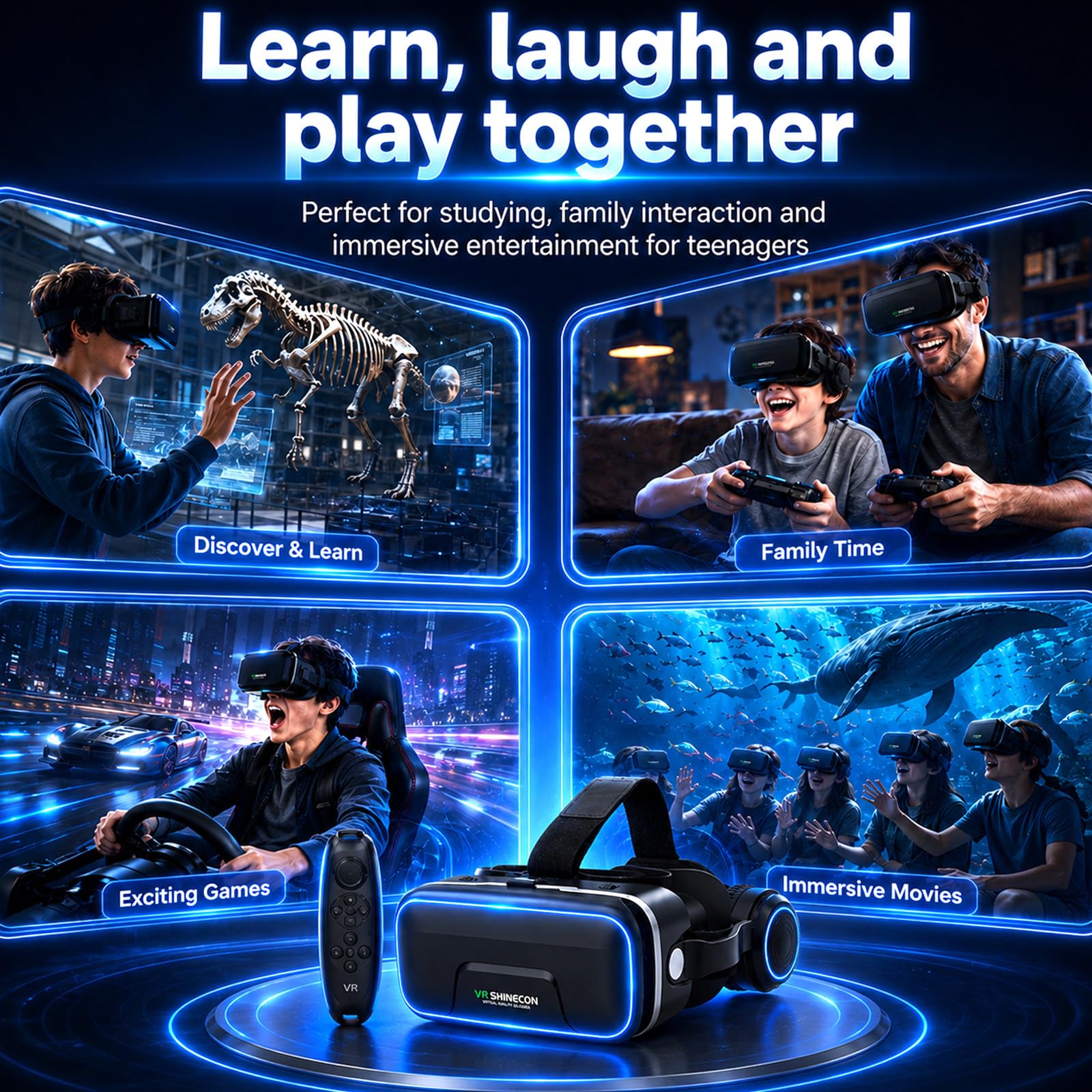 Casque VR 3D avec Écouteurs Verres HD Anti-Lumière Bleue Compatible Smartphones iPhone Android 4,7-7,2"