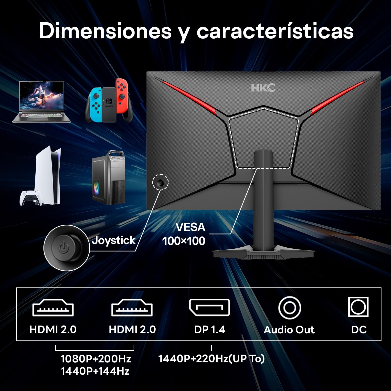 HKC Monitor QHD Gaming 27 Pulgadas 200Hz (UP To 220Hz), 2560×1440, 1 ms (MPRT), IPS, 95% DCI-P3, HDR400, HDMI 2.0 & DP 1.4, VESA 100×100, Monitor Inclinable para PC, PS5 y Xbox