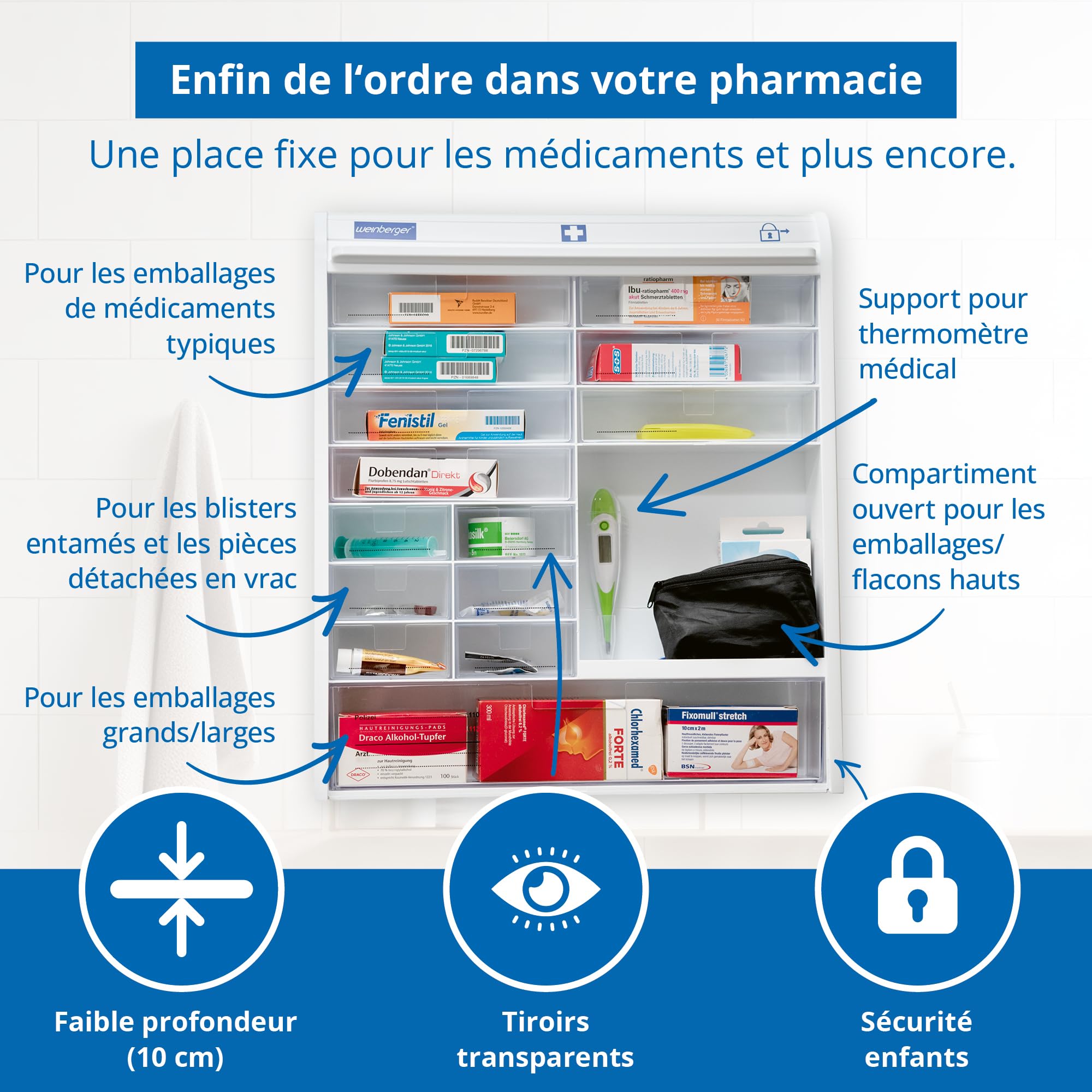 Weinberger Armoire à Pharmacie | Rangement Salle de Bain | Portes Transparentes