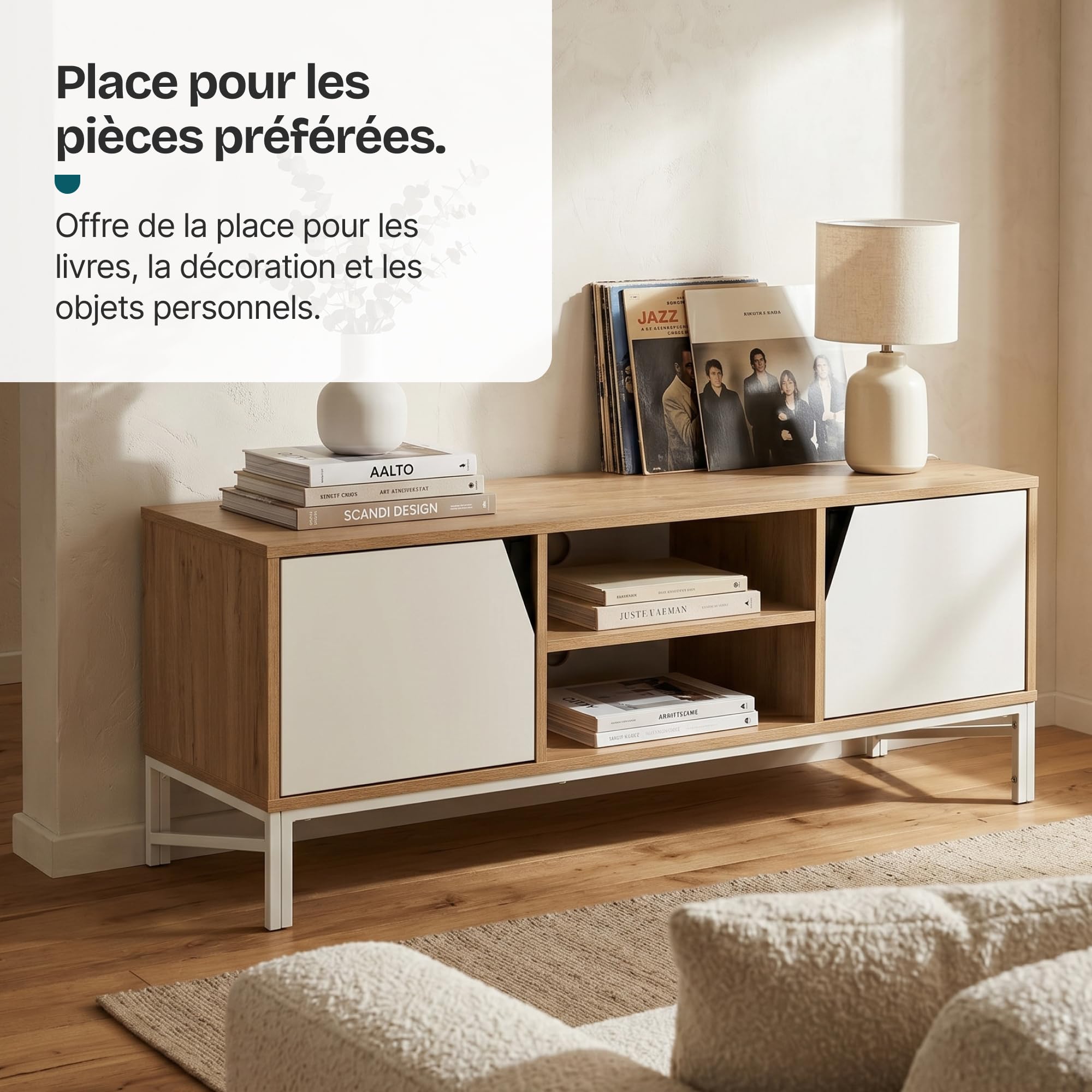 [en.casa] Meuble TV Kerrköndam sur Pieds 120 x 40 x 46 cm Effet Chêne Blanc