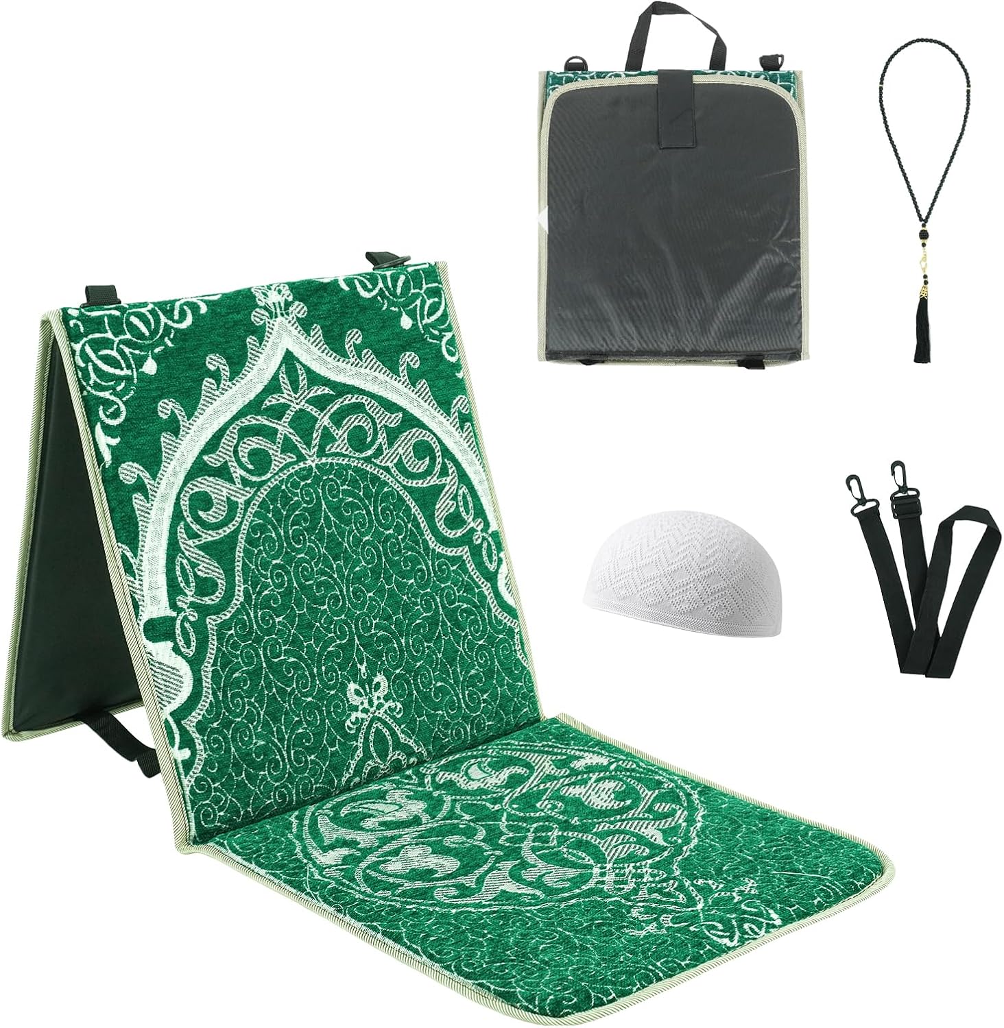 Qianliniuinc Portable Prayer Mat, Foldable Prayer Rug with Backrest, 36x78cm Islamic Prayer Mat, Includes Kufi Hat & 99 Beads Tasbih, Meditation Rug for Muslim, Ramadan Gift Set (Black)