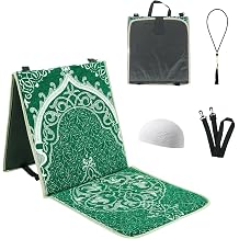 Foldable Thick Prayer Rug with Back Support, Portable Prayer Mat Set Green