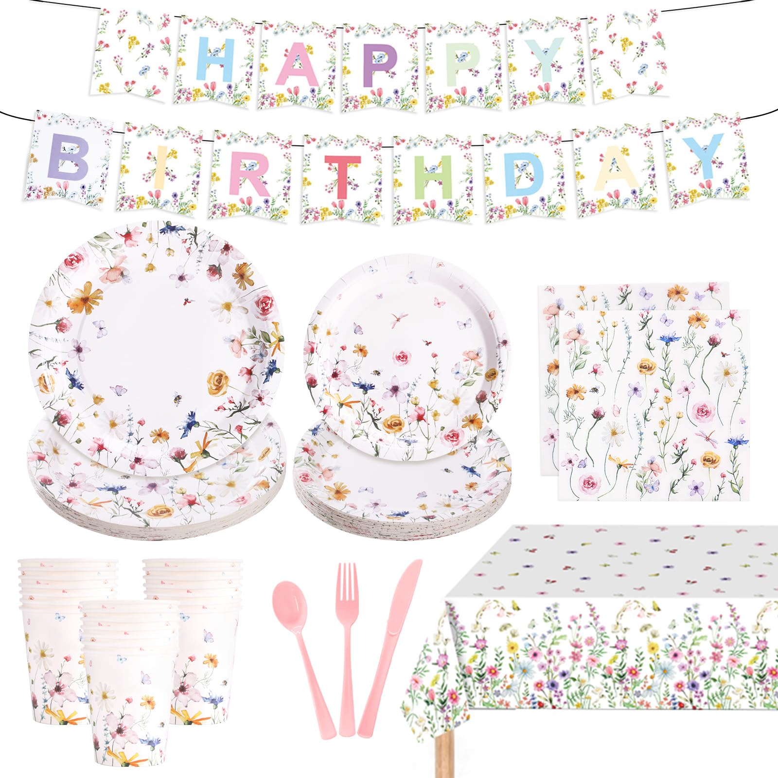 JOYOCEAN114Pcs Wildflower Party Decoration, Flower Plates and Napkins Party Supplies, Floral Disposable Birthday Plates, Floral Birthday Party Plates for Tea Party Summer Picnic, Serve 16 Guests