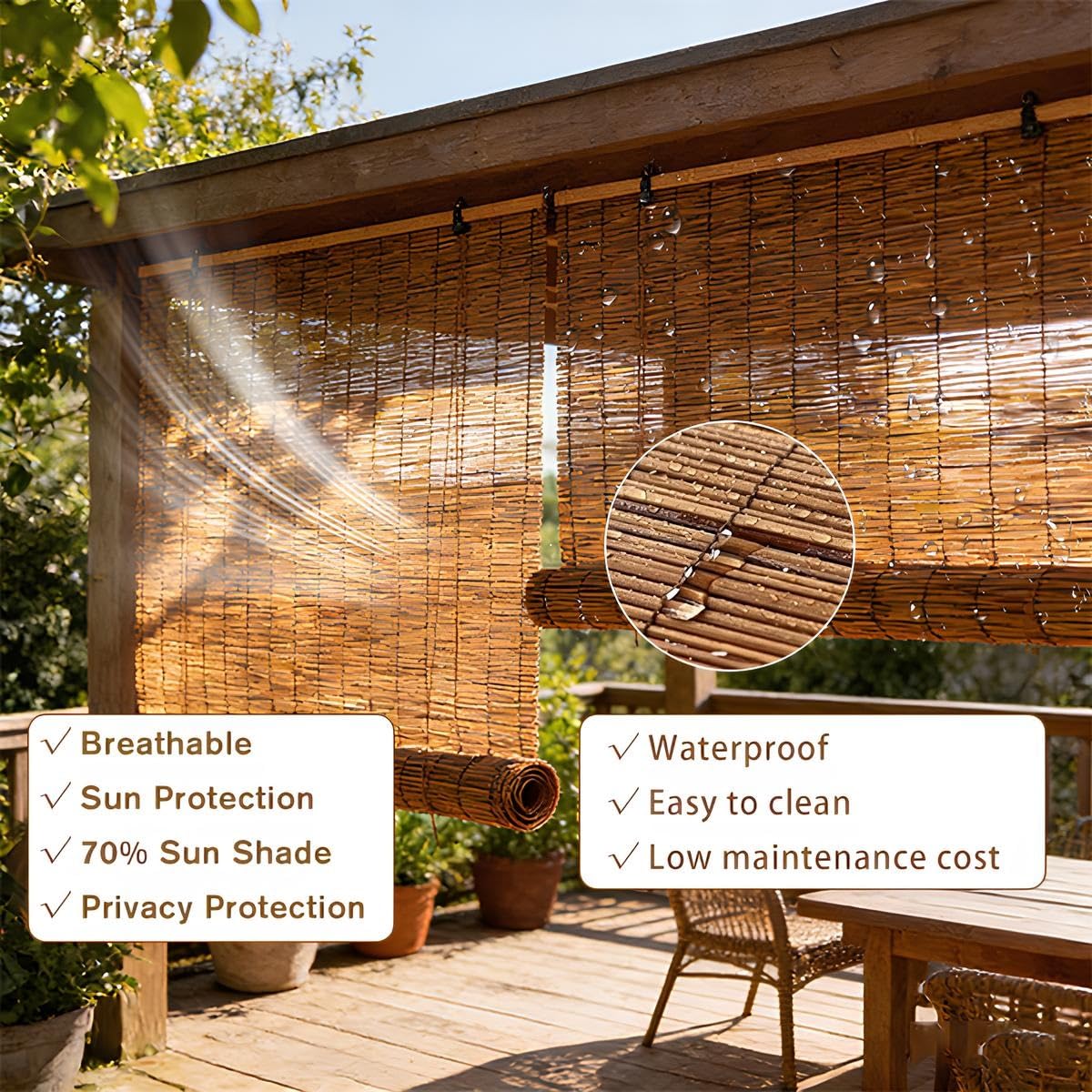 Store Enrouleur en Roseau Extérieur, Rideau De Roseau Occultants À 70%, Rideau Bambou Naturel Imperméables pour Fenêtres Véranda Jardin Pergola Balcon Cuisine(Brown,W150*H200cm)