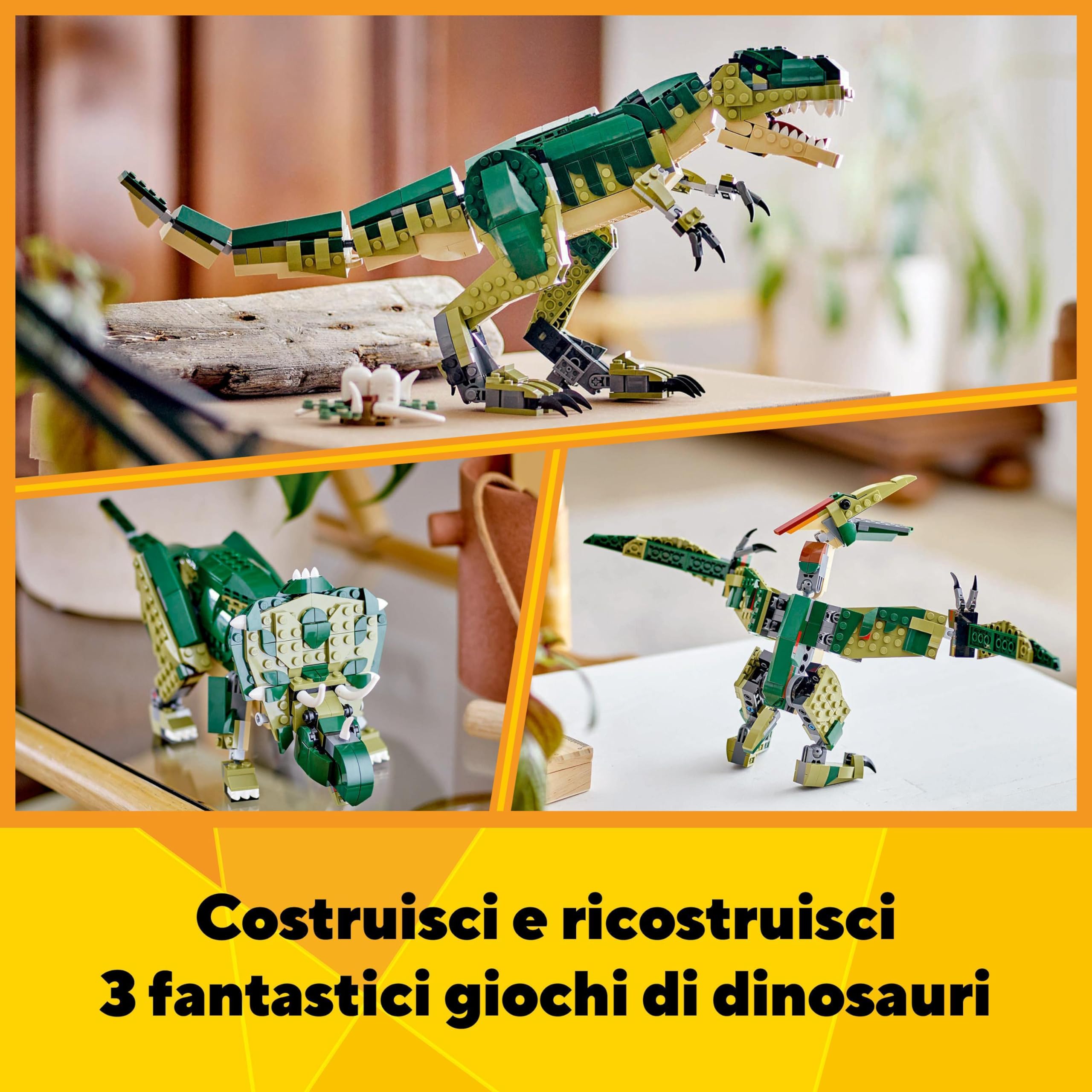 LEGO Creator 3 in 1 T. Rex, Dinosauro Giocattolo Trasformabile in 3 Modellini Snodabili come Triceratopo e Pterodattilo, Giochi per Bambini e Bambine da 9 Anni, Idea Regalo di Compleanno 31151