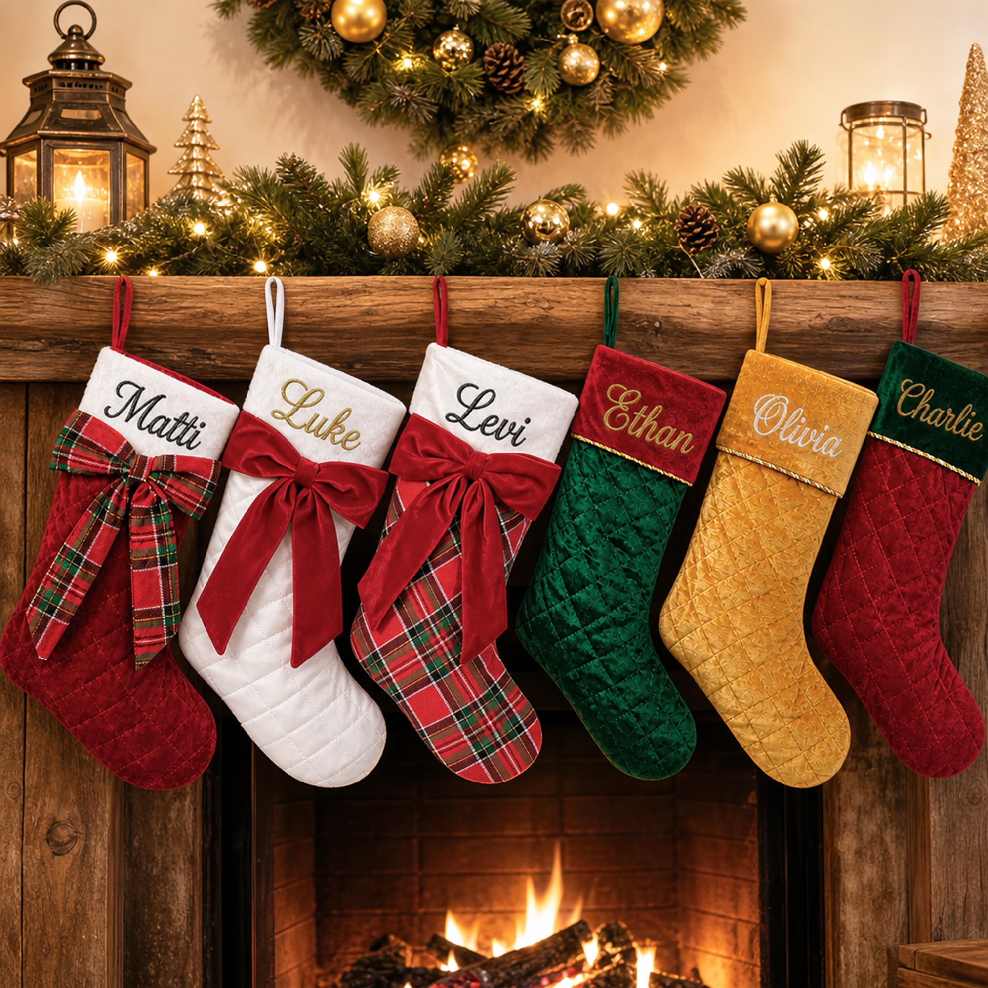 mememom Custom Embroidered Christmas Stockings with Name, 18 Inch Velvet Christmas Stocking for Fireplace Staircase Home Decor Personalized Xmas Gifts for Kids Adults (Style 16-10 Pack)